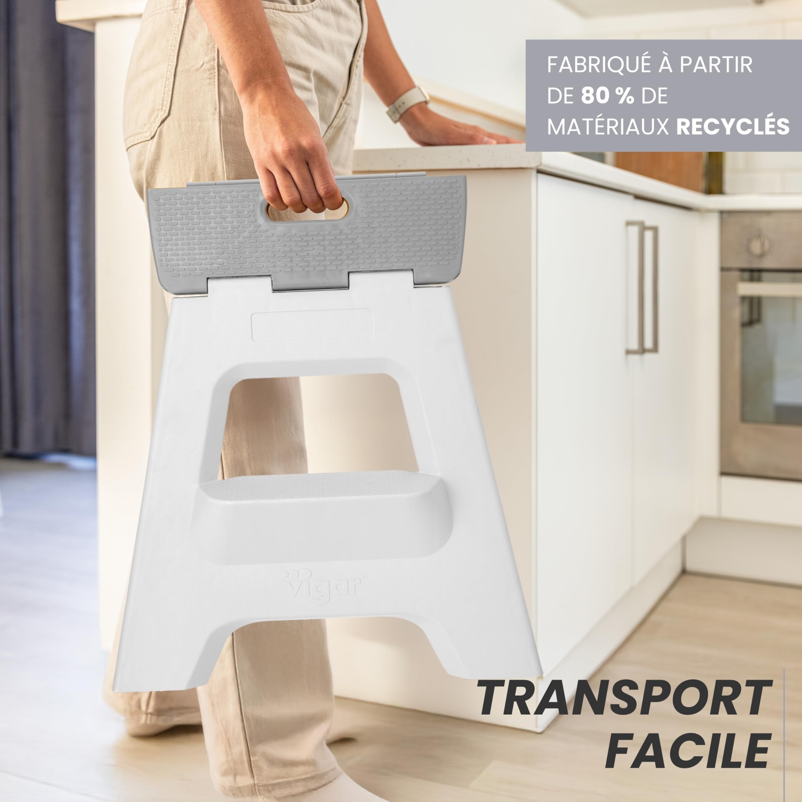 Vigar Compact Tabouret Pliant pour Adultes, 40 cm Marche Pied Pliable 2 Marches, Antidérapant Escabeau pour Salle de Bain, Toilette, Jardinage, Kitchen, House, Bureau, Supporte jusqu'à 150 kg, Gris