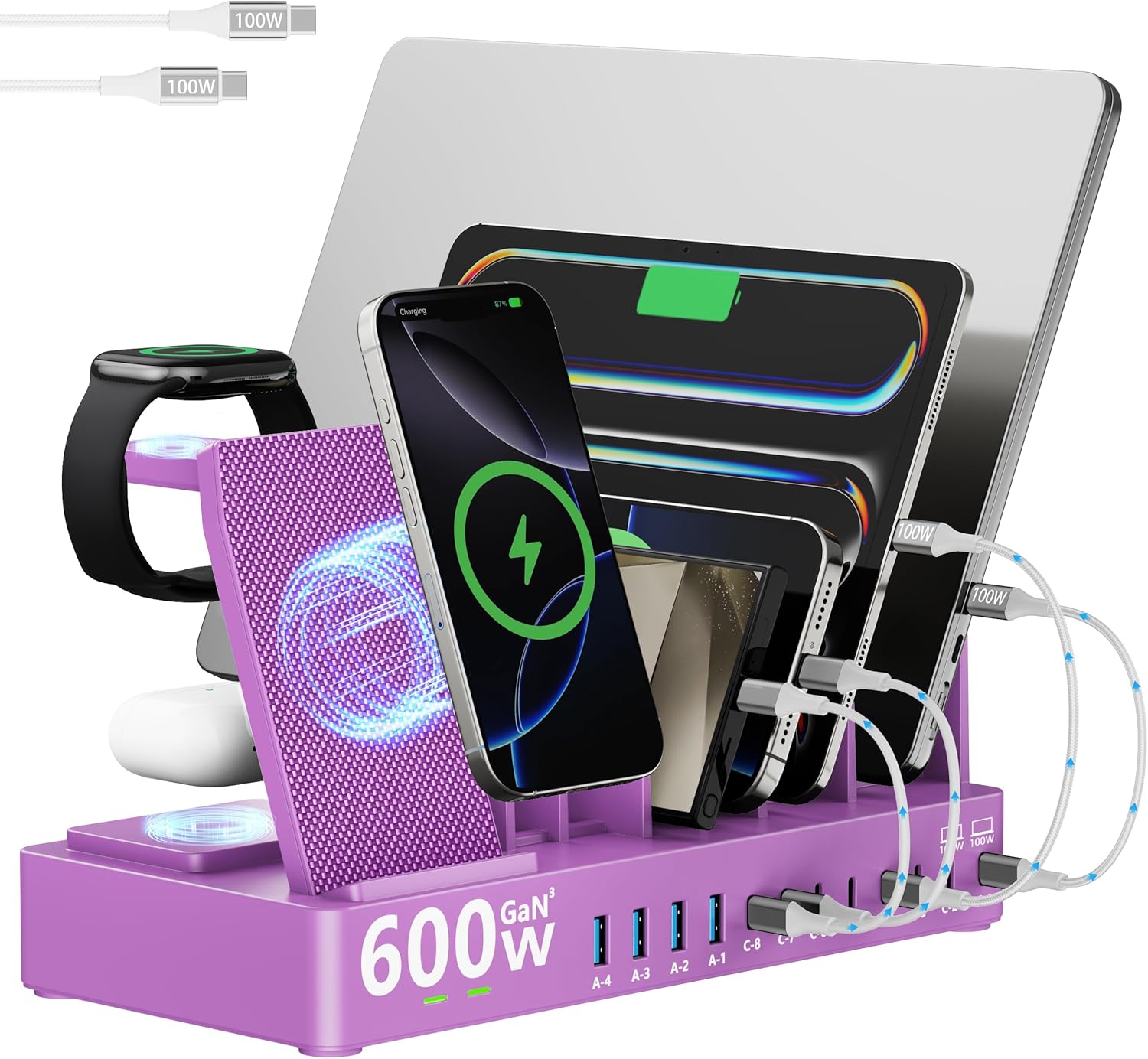 600w Charging Station for Multiple Devices, 15 in 1 Wireless Charger with 2pack 100w USB C Charger Cable, Dual 100w USB C Tablet Charging Station for MacBook,iPhone,iPad,Tablet(Purple)
