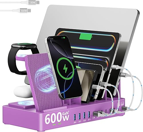 Miniatura 7 de Estación de carga de 600 W para múltiples dispositivos, estación de carga inalámbrica 15 en 1 para Apple, estación de carga dual USB C de 100 W para