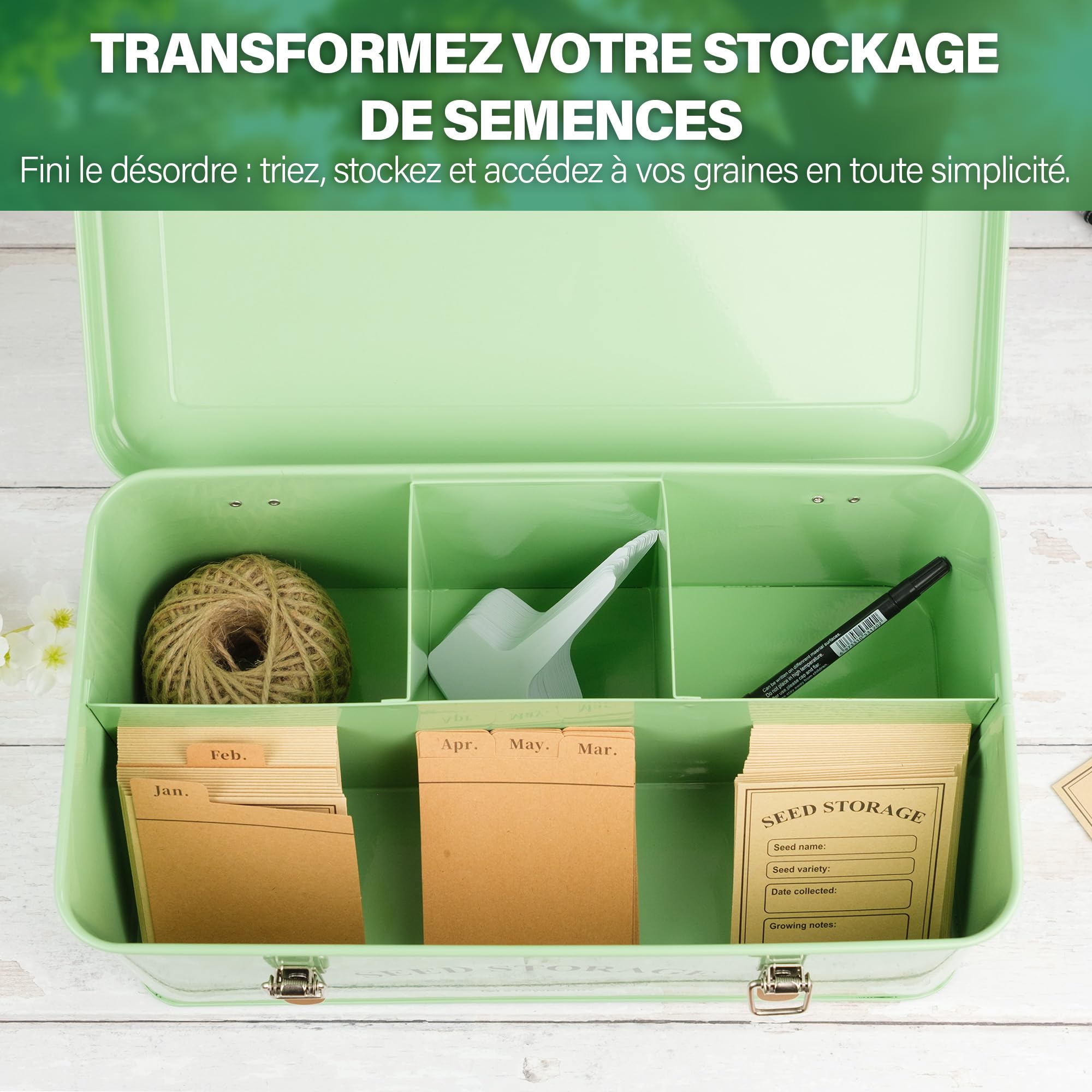 Boîte de Rangement pour Graines – Boîte à Graines Verte avec Couvercle, Poignées Latérales, 4 Compartiments et Fermeture de Sécurité – Boîte à Graines pour Jardiniers – Idée Cadeau Jardinage