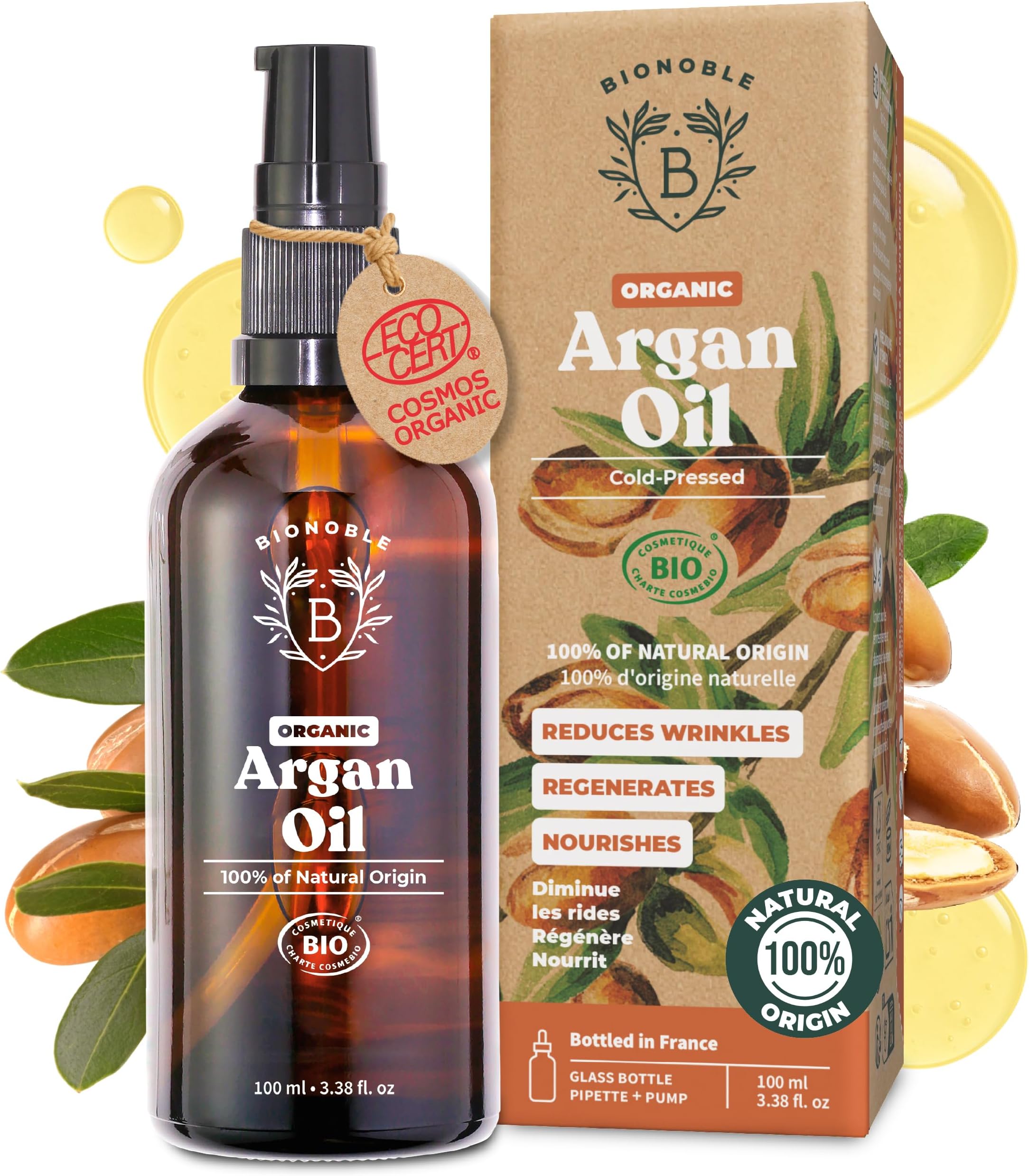 BIONOBLE Organic Argan Oil for Hair - Cold Pressed in Morocco - Nourishes, Repairs and Anti-Aging - 100% Pure Argan Oil for Skin, Face - Vegan, Hexane Free - Glass Bottle, Pipette and Pump - 100ml