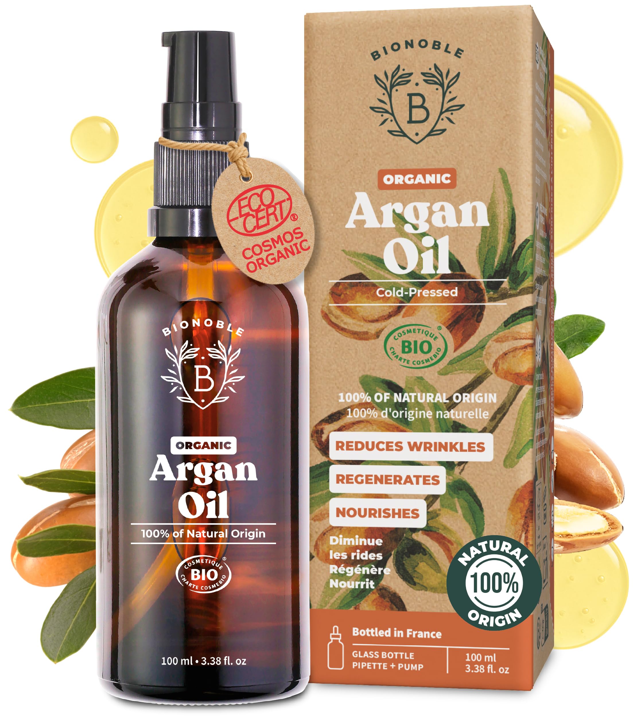 Organic Argan Oil for Hair - Cold Pressed in Morocco - Nourishes, Repairs and Anti-Aging - 100% Pure Argan Oil for Skin, Face - Vegan, Hexane Free - Glass Bottle, Pipette and Pump - 100ml