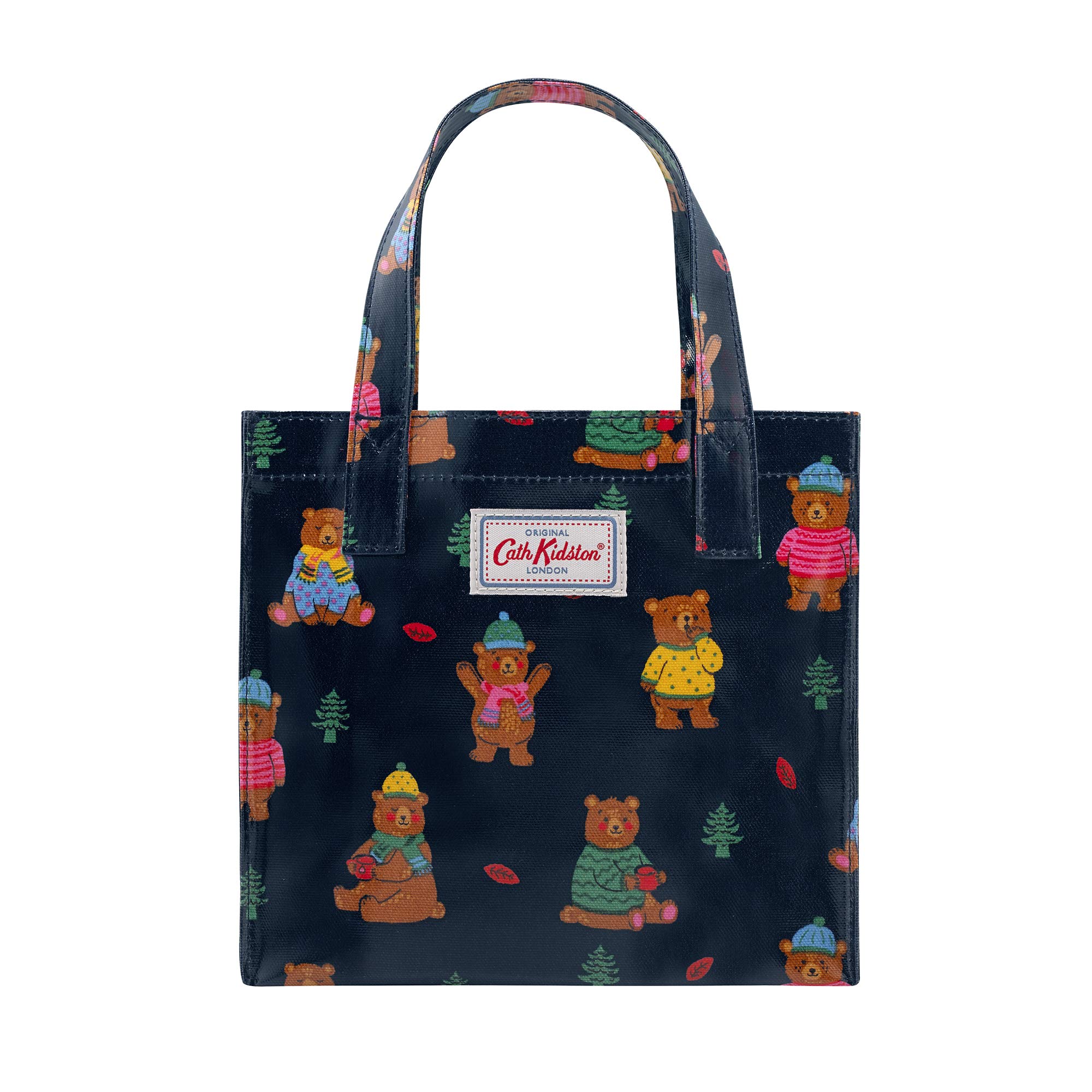 S Bookbag Oilcloth Mini Open Top Handle Bag Small Size Dog Portraits Pattern Warm Cream Color (Woodland Bear)