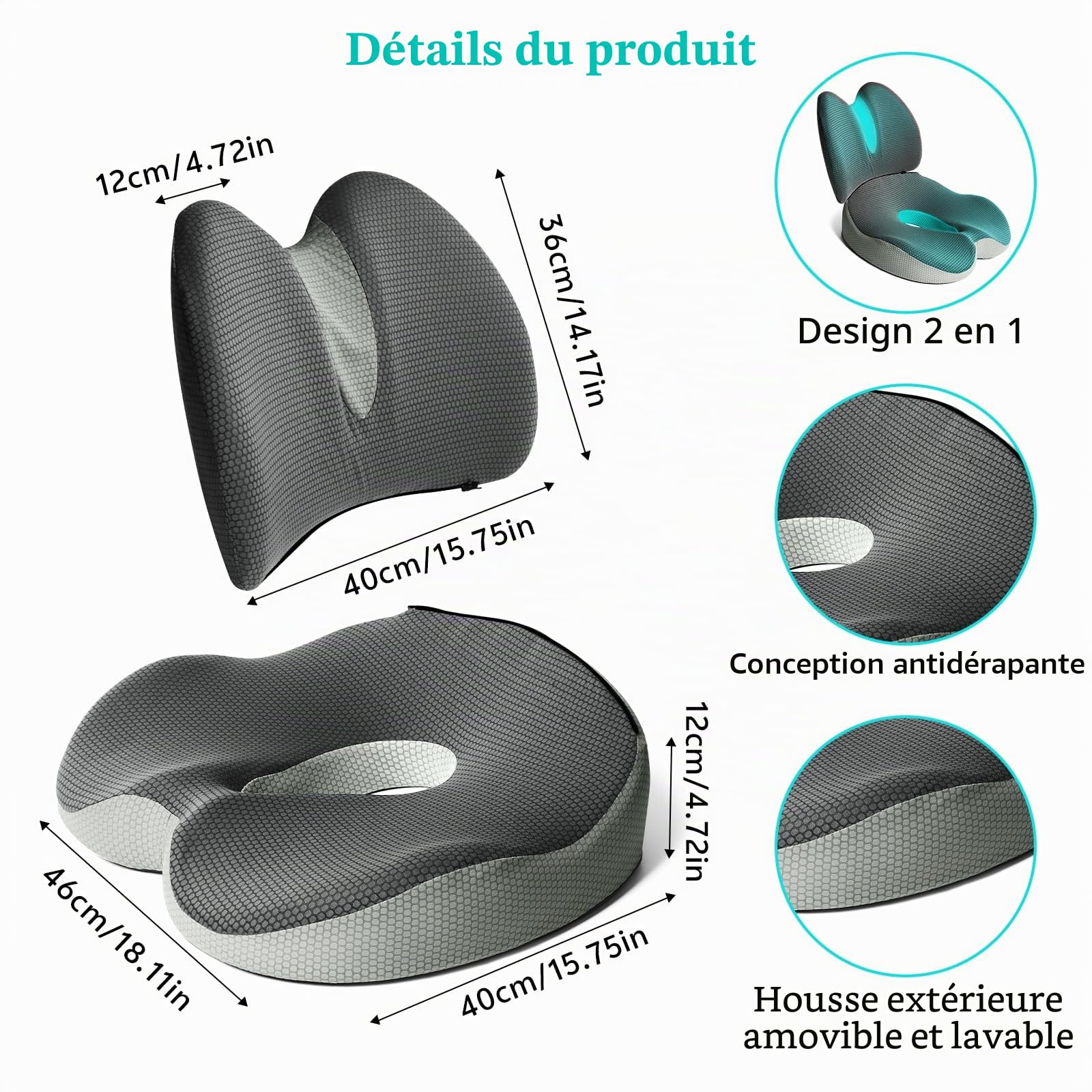 2 en 1 Coussin Chaise, Coussin Lombaire, Soutien Lombaire Ergonomique en Mousse à Mémoire Forme, pour Chaise de Bureau, Voiture, Fauteuil, Coussin Lombaire Chaise Bureau, Coussin de Siège de Voiture