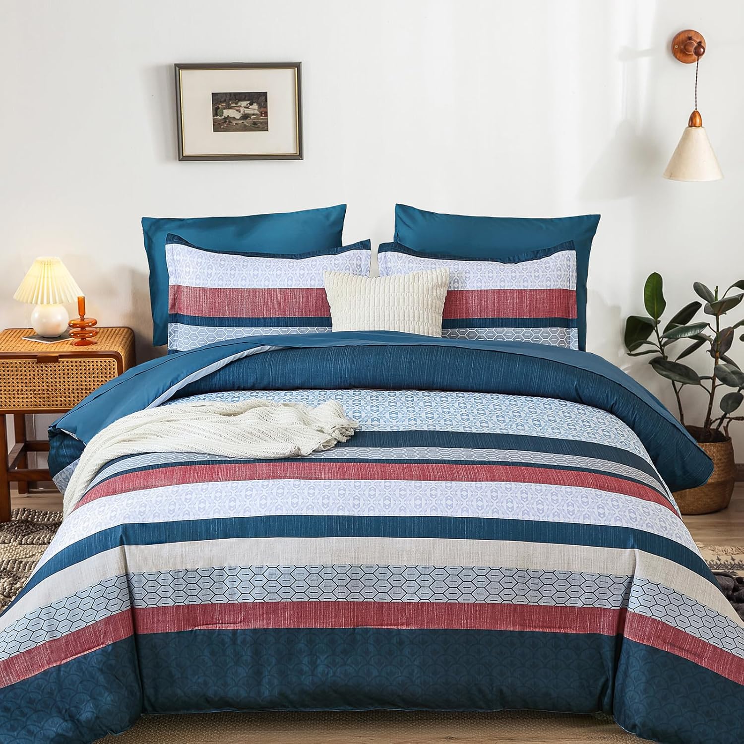 DJY Blue Comforter Set Queen Size,Boho Striped Queen Bed Set,7 Piece Patchwork Soft Microfiber Bedding Set for All Season(90"×90") - Image 2