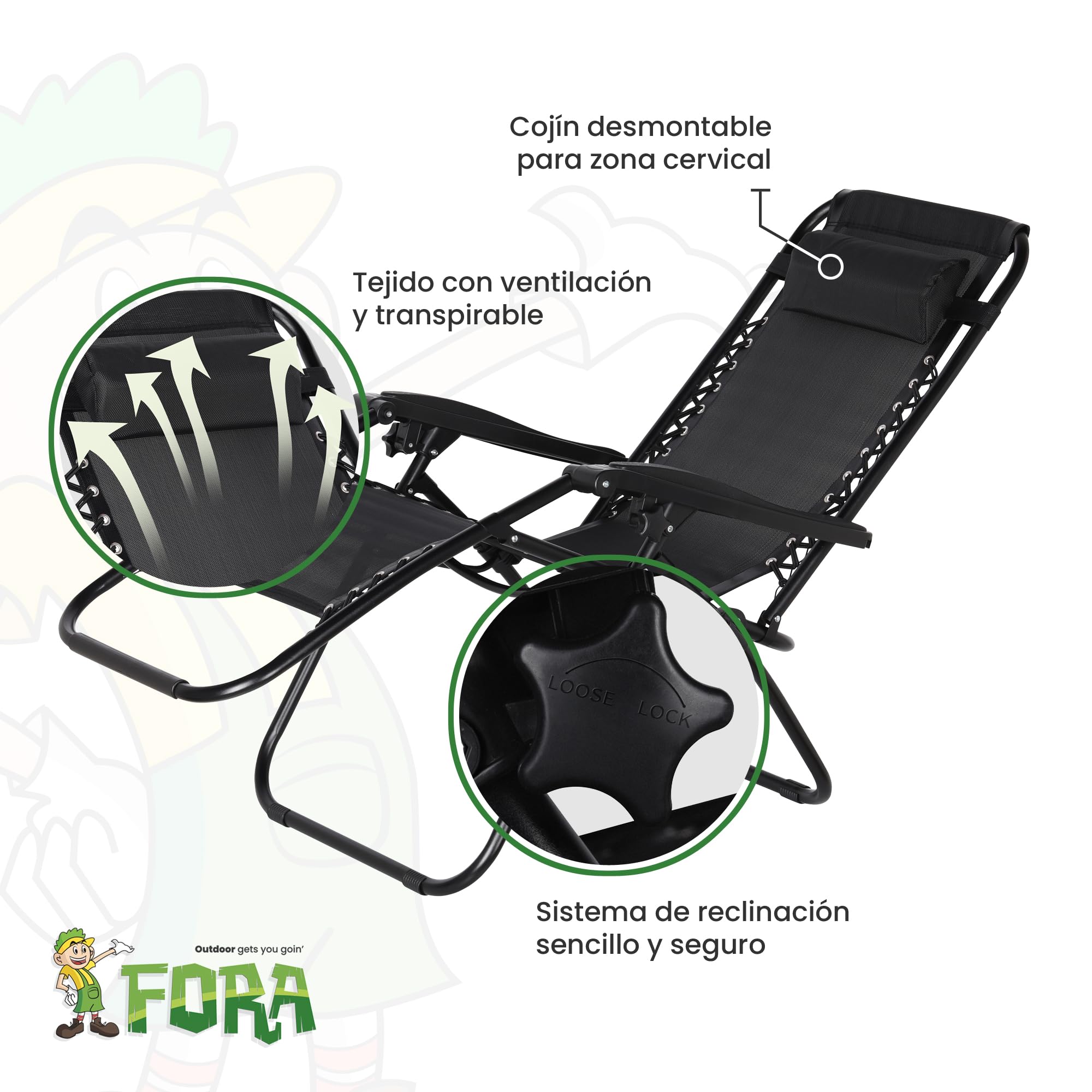 FORA Pack 2 Tumbonas Jardín Exterior Plegables – 176×67×110 Cm, Tubo 25mm y Tejido Transpirable, Color Negro, Reclinables con Bloqueo de Seguridad, Cojín Incluido, Plegado Rápido, 120Kg