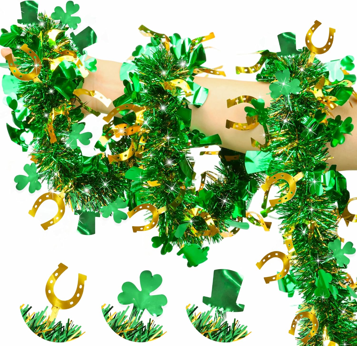 50FT St Patricks Day Garland Green Gold Hat Horseshoe Shamrock Tinsel Garland, Shiny Metallic Hanging Shamrock Decor Saint Patricks Day Decorations for Home Office Indoor Outdoor Irish Party Supplies