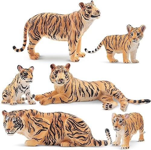 Miniatura 12 de Toymany 6 figuras realistas de tigres blancos con cachorros de tigre, figuras familiares de animales de la selva de 2 a 6 pulgadas, incluye tigres