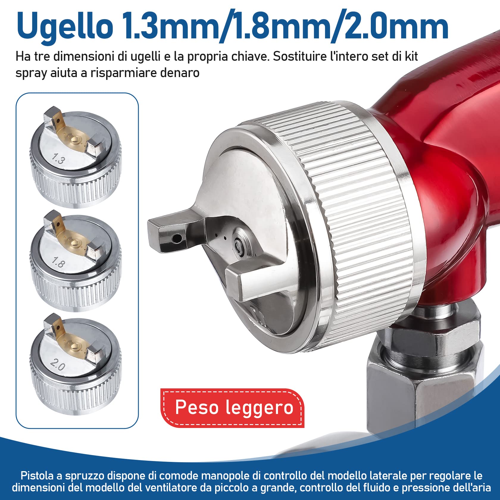 CarBole Pistola a Spruzzo a Aspirazione: Sistema Professionale a Spruzzo d'aria per Camion, Recinzione di Mobili, 1000 cc, Tazze di Vernice con Ugello da 1,3 mm, 1,8 mm, 2,0 mm (Rosso)