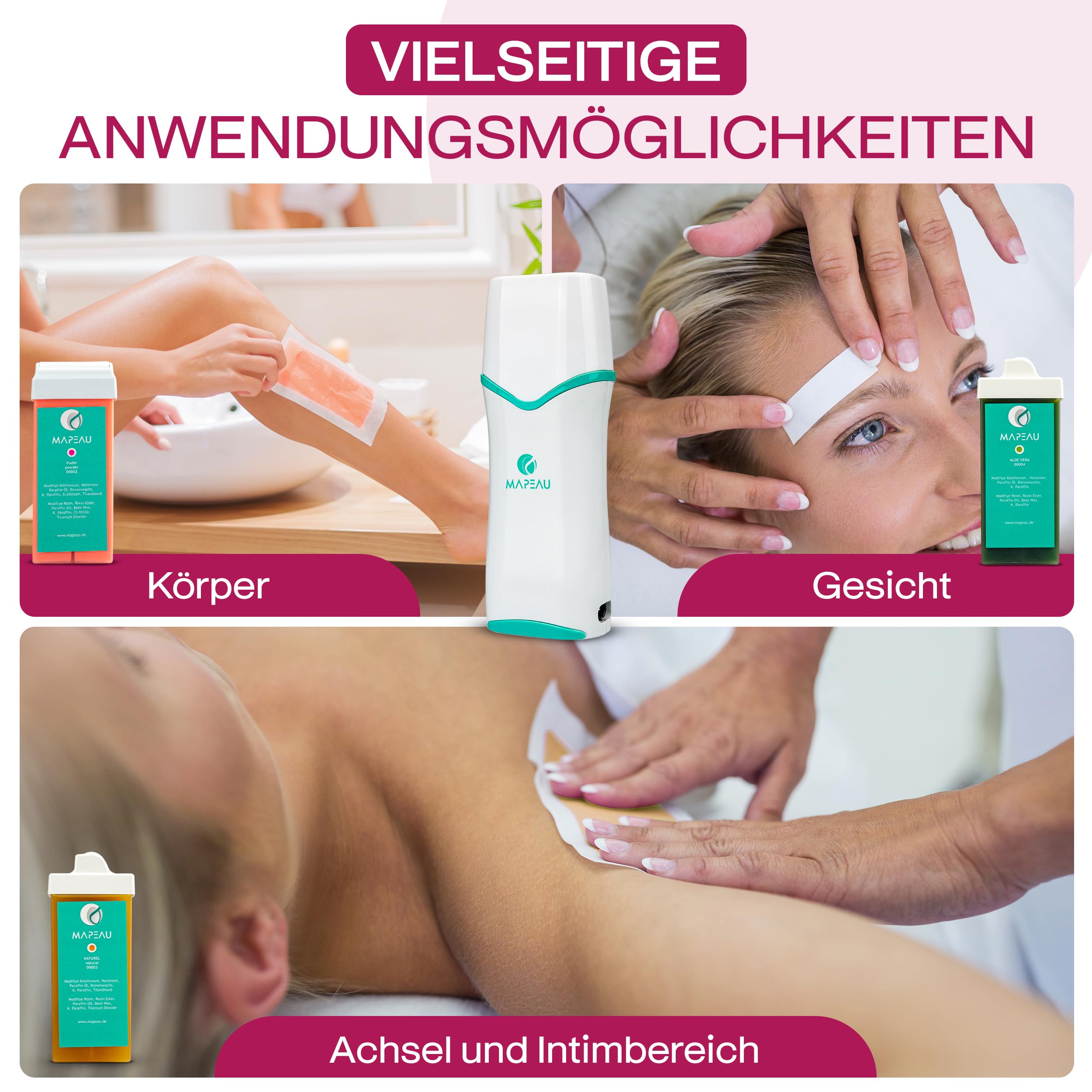 Waxing Set Kosmetex Wachsset, Patronenerhitzer, 3x Wachspatronen, After Öl, Vliesstreifen, 7-tlg Wachspatronenset