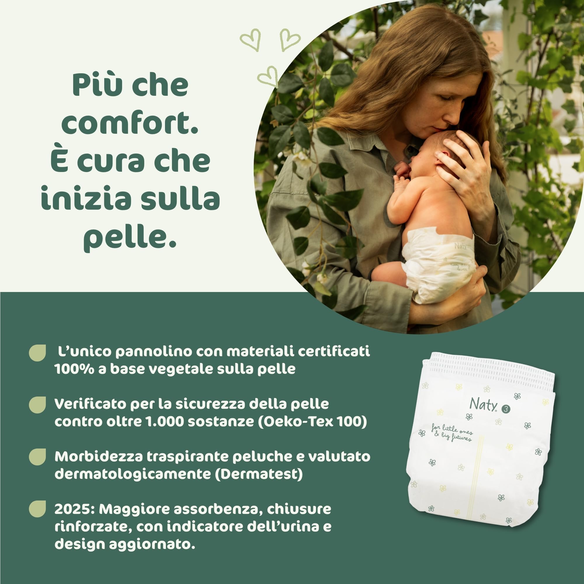 Naty BioEmbrace Pannolini per Bambini Taglia 3 (4–9 kg) | 100% a base vegetale sulla Pelle | Morbidezza vegetale, Dermatologicamente Testati, Super Assorbenti| 100 Pezzi