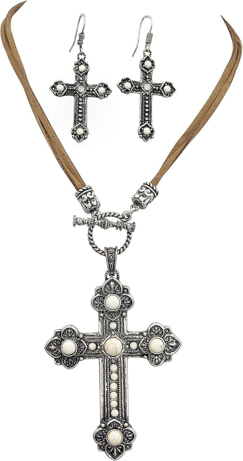 Gypsy Jewels Faux Suede Cord Toggle Front Stone Western Style Silver Tone Necklace & Earrings Set