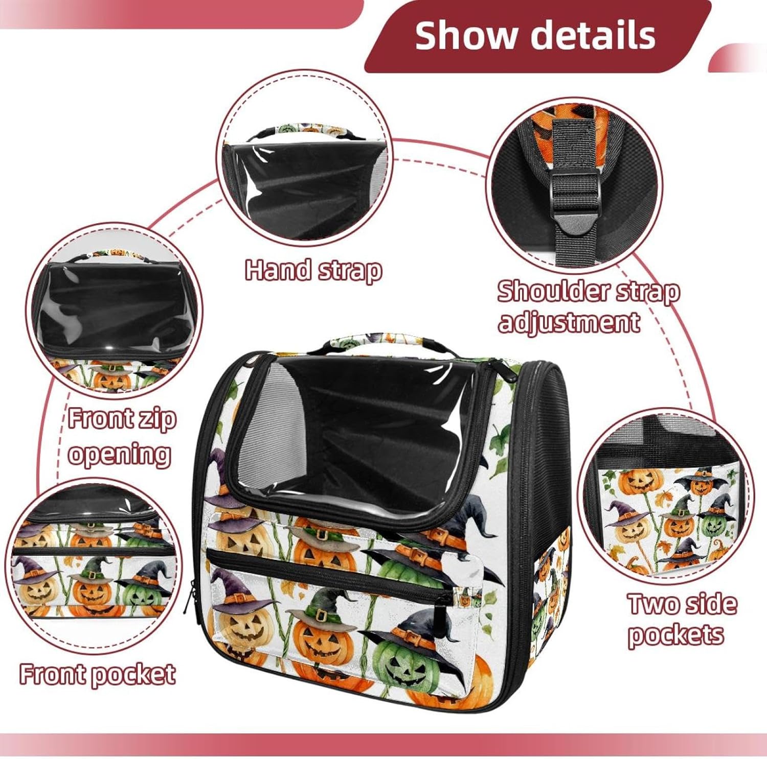 Portable Travel pet Backpack Carrier Hamster Bag Small Dog cat Carrier Breathable Hang Bag, Halloween icon Set Watercolor Painting 3_78