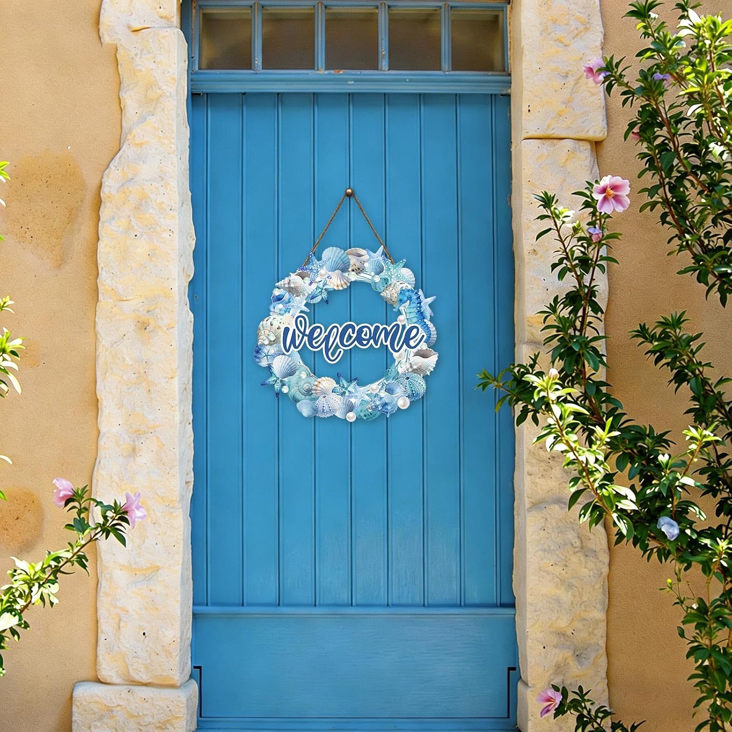 Harooni Summer Beach Wreath for Front Door Hello Summer Door Hanger Nautical Sea Welcome Sign Ocean Starfish Theme Decorations Wooden Plaque for Indoor Wall Hanging Outdoor Outside Porch 10.9"x10.9"
