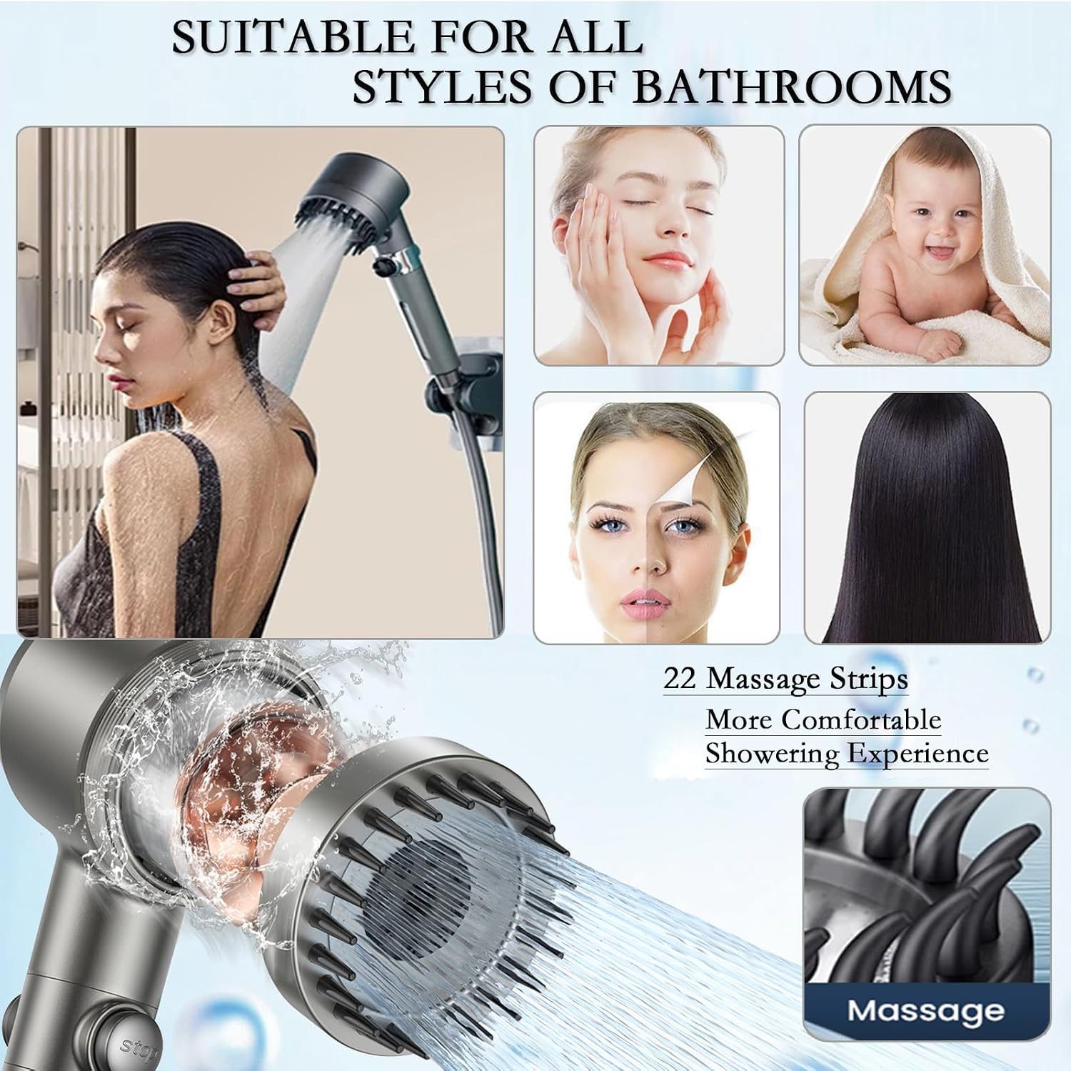 German Multifunctional Massage Shower, Handheld High Pressure Shower Head,Massage And Skin Beauty Multifunctional Shower, 3 Settings 4 in 1 Detachable Showerhead with 47” Hose, Bracket and 2Filters