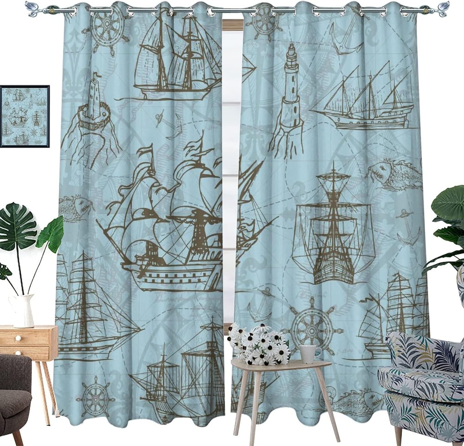 Vintage Nautical Curtains - Abstract Ocean Themed Old Sailboat Anchor Lighthouse Window Treatment Room Darkening Blackout Curtains Thermal Insulated Grommet Curtains for Bedroom 2 Panels 45L x 21W