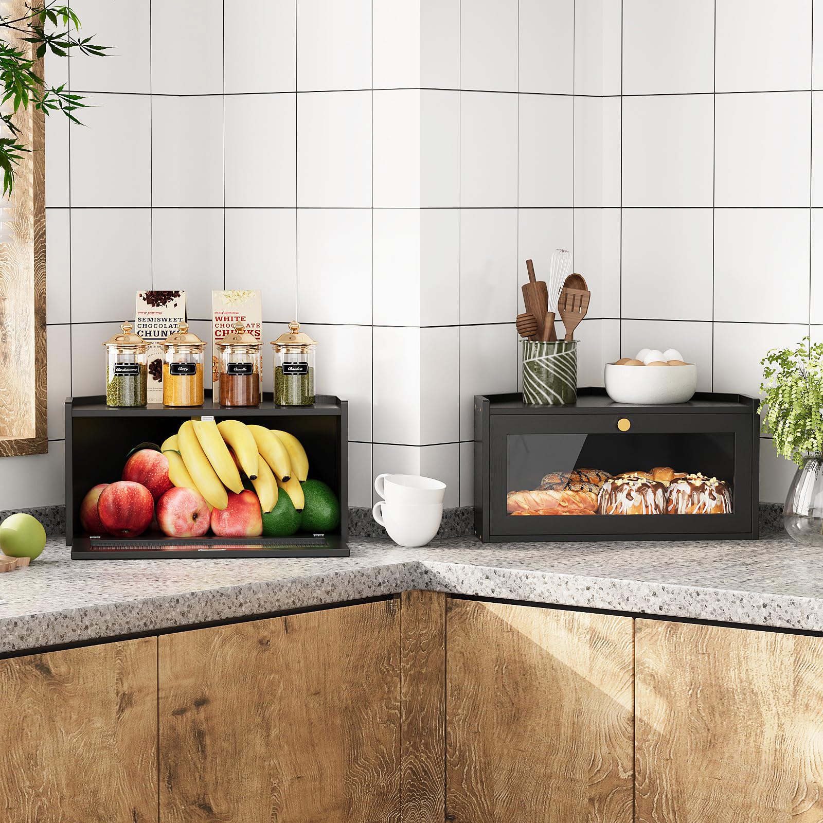 VEDECASA Boîte à pain d'angle en bambou pour la cuisine Grand bac à pain avec porte en acrylique Économisez de l'espace dans la cuisine avec ce bac à pain de style vintage pour le pain fait maison