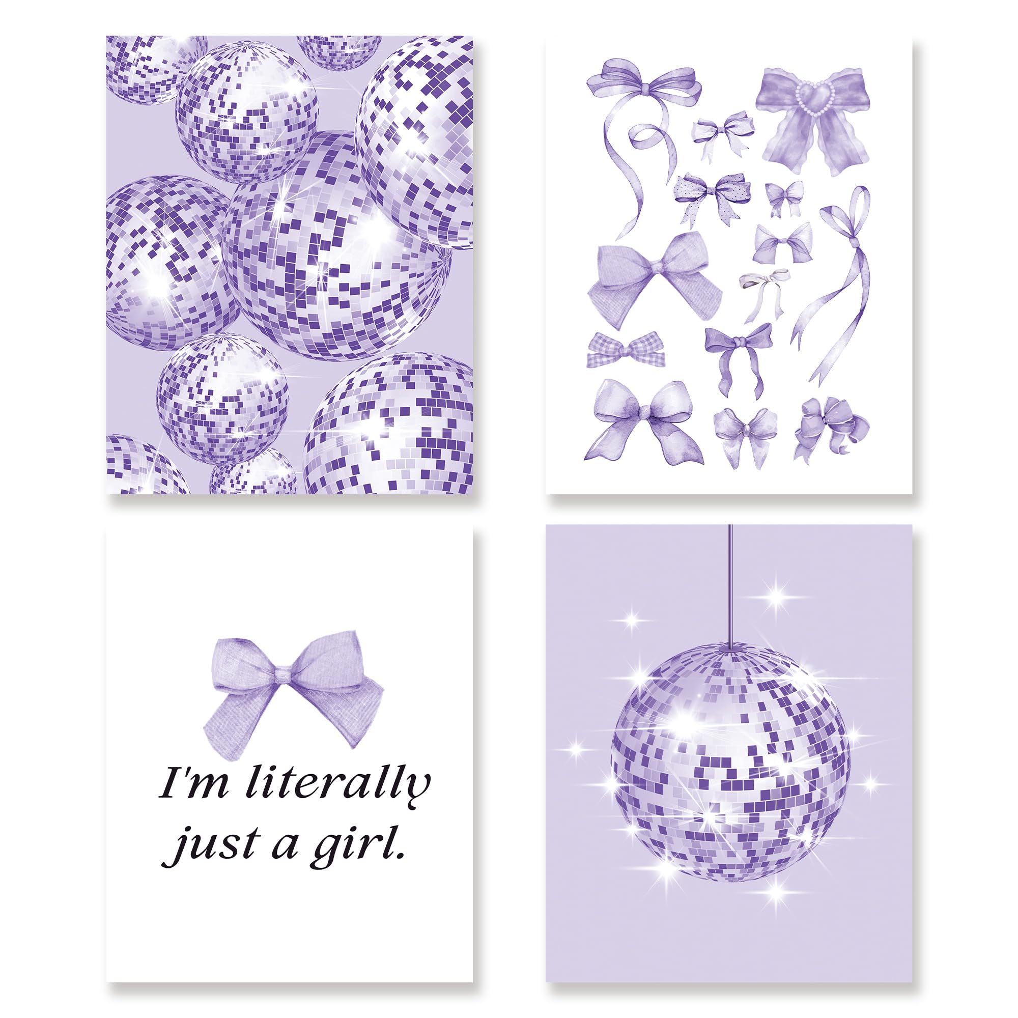 KSDUT Purple Preppy Wall Decor Art Set of 4 - Trendy Artwork Poster Prints Coquette Disco Ball Wall Decor Beach Room Picture Wall Art for Teen Girls Dorm Bedroom Decorations - 8"x10" Unframed