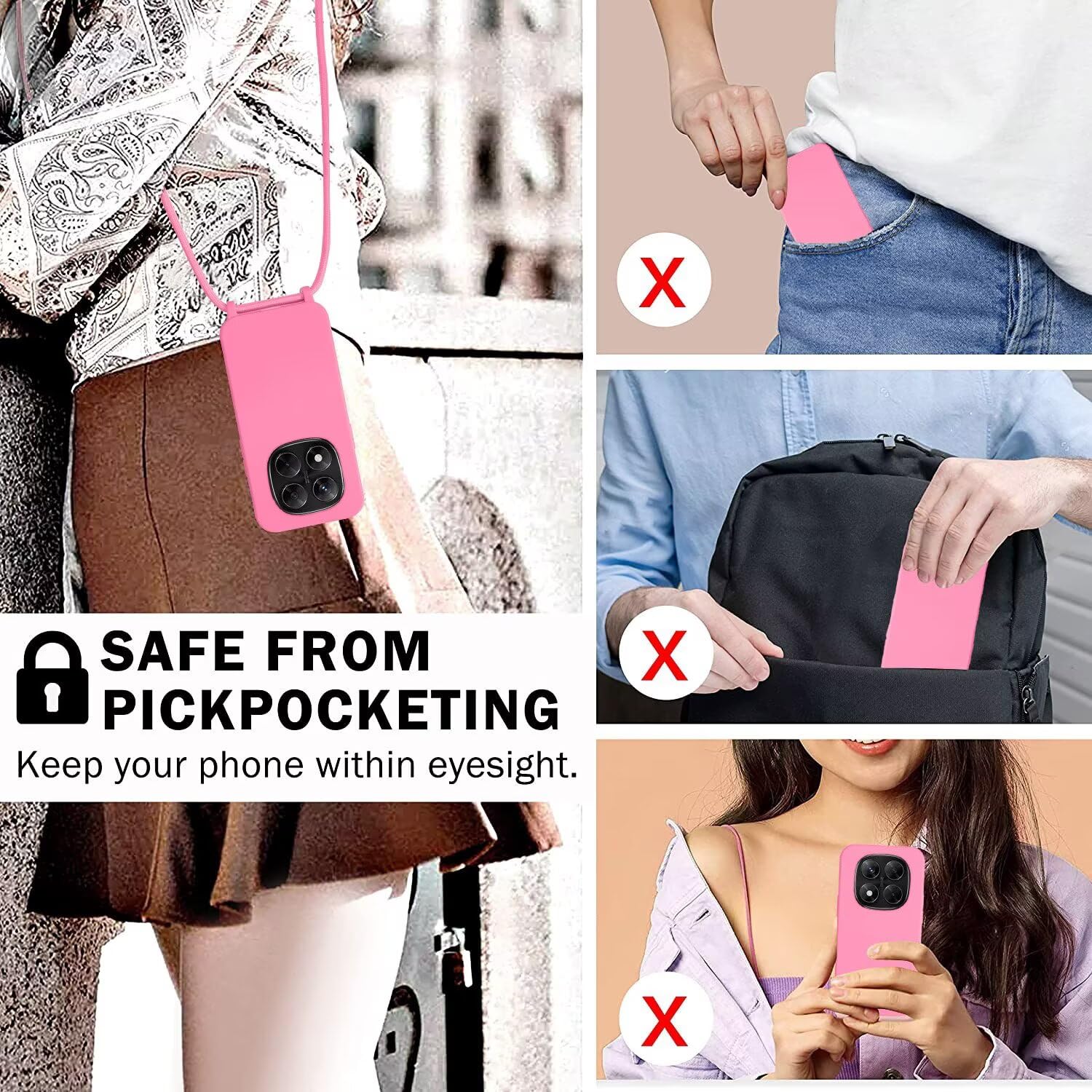 SLWYF Custodia per Xiaomi Redmi Note 13 Pro Plus Cover con Cordino, Silicone Antiurto TPU Morbido Corda Collana Necklace Regolabile Stylish con Catena Ultra Sottile Cover Case, Rosa