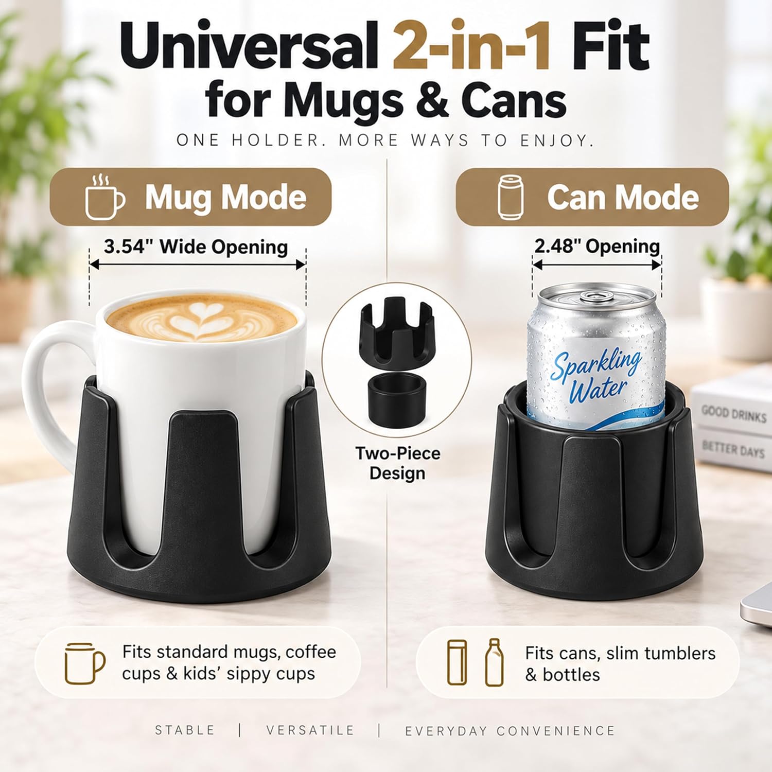 Anti-Spill Cup Holder for Desk, Universal Table Coaster with 6-Prong Design, Fit 2.48"-3.54" Mugs & Cans, Adhesive Base Drink Holder for Office RV Boat Couch, Black Plastic