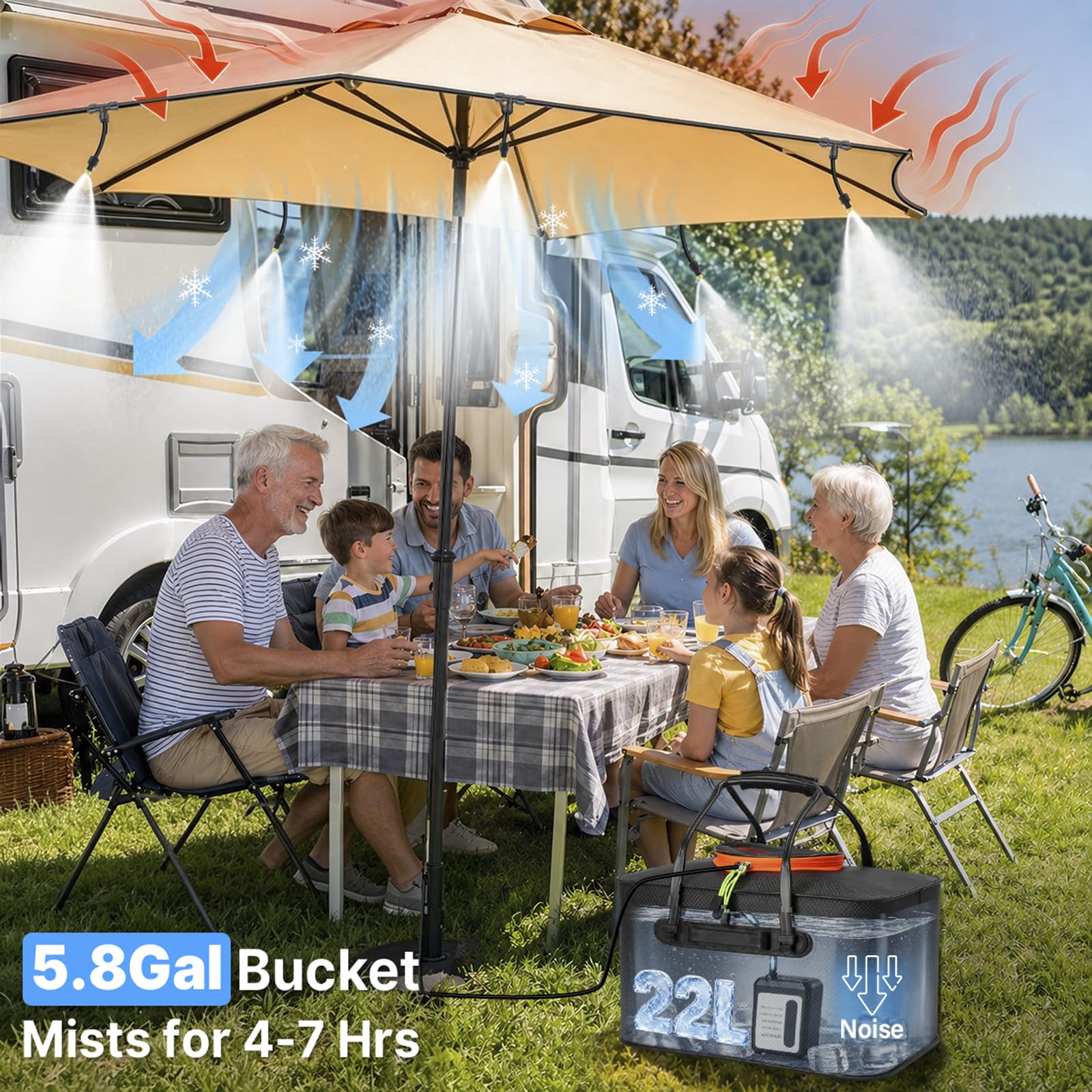 Bluepro Sistema de nebulización portátil de 50 pies para enfriar, rociadores para patio exterior con tanque plegable de 5.8 galones/22 L, bomba de 5200 mAh (IPX8) y 8 boquillas de latón ajustables