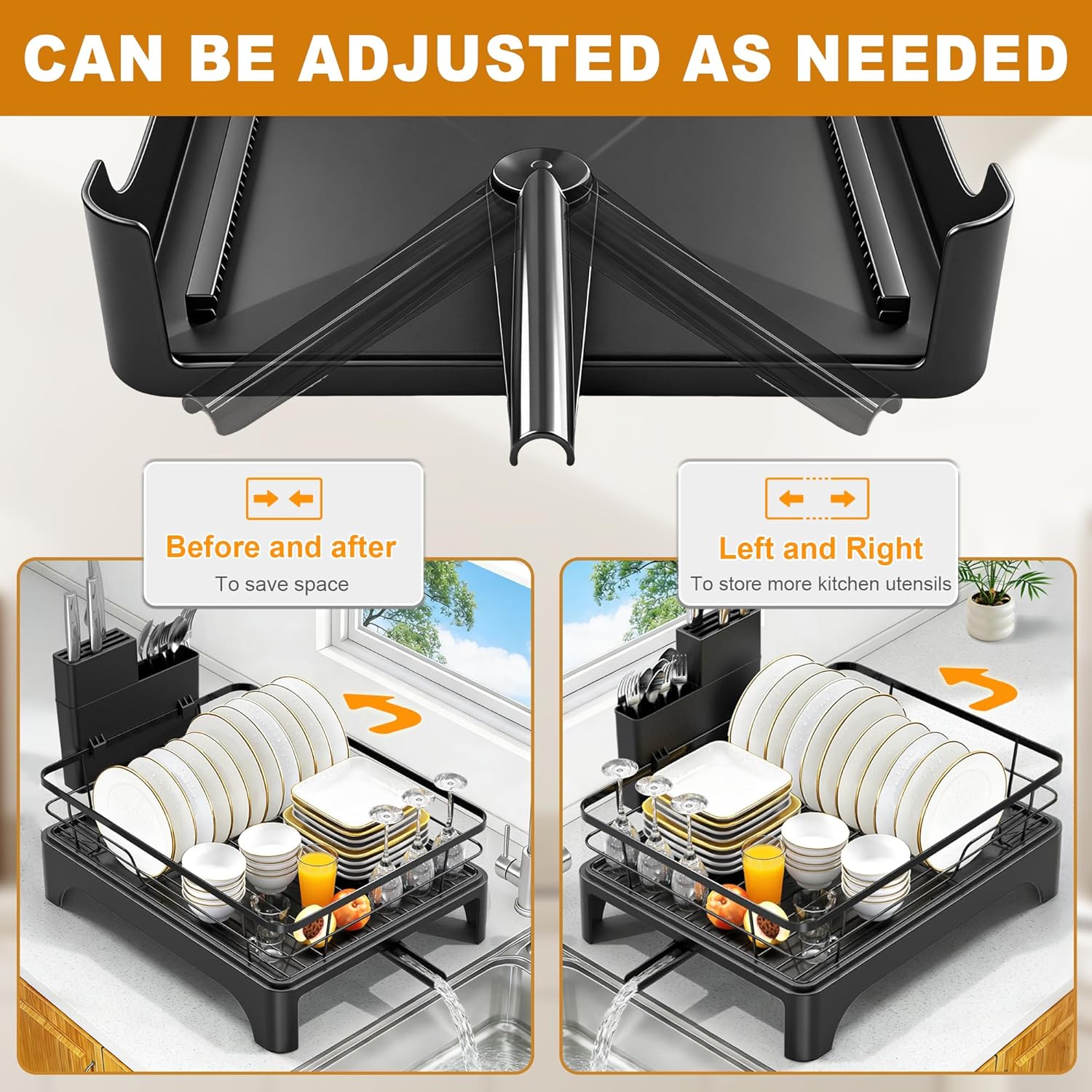 Dish Drying Rack for Kitchen Counter, Dish Rack, Dish Drainer for Kitchen with Built-in Drain, Stainless Steel Sink Organization and Storage Essentials with Cutlery Holder (17" x 13.4", Black)