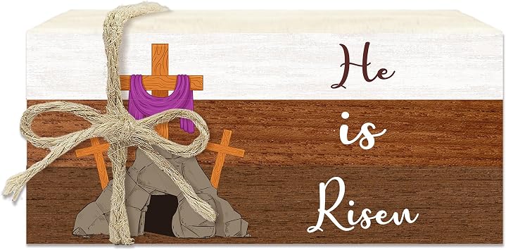 3 Pcs Easter Decorations For Home, He Is Risen Easter Desk Decor, Religious Cross Wooden Sign, Rustic Tiered Tray Decorations For Table Fireplace Mantel Living Room Bookshelf Holiday -A20