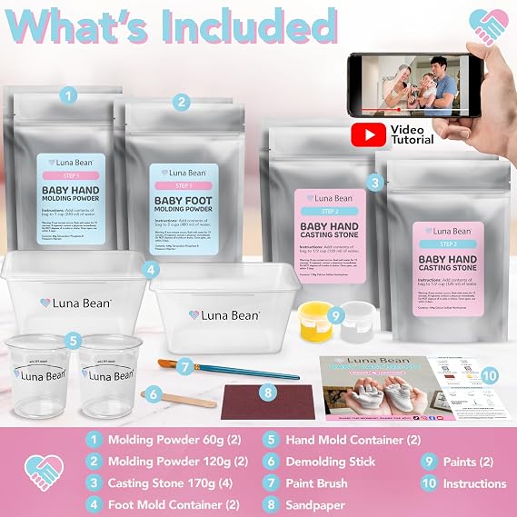 Luna Bean Baby Footprint and Hand Casting Mold Kit (4 Pack) First Time New Mom Gifts - Newborn Foot Handprint Baby Keepsake - Mom to Be Gift
