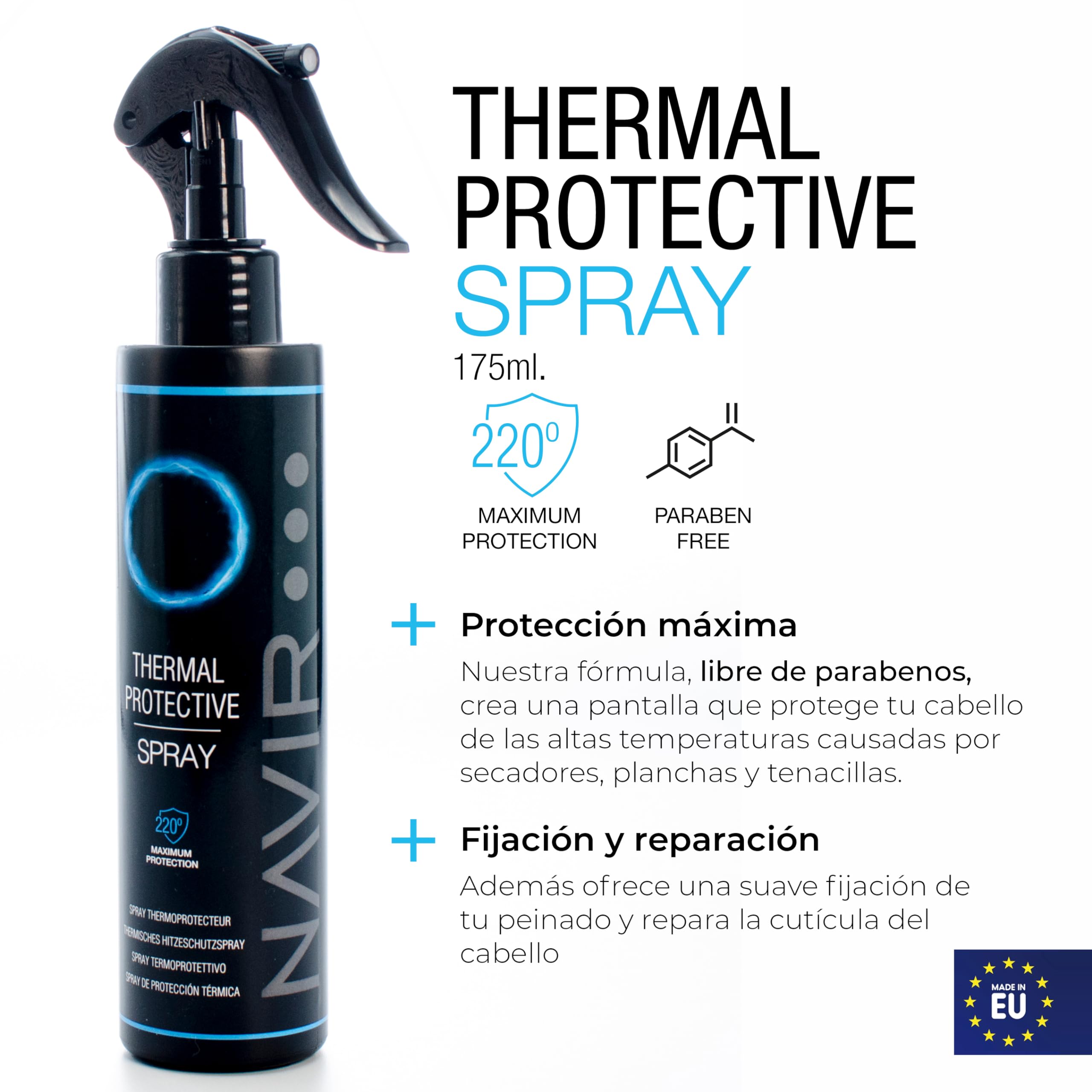 NAVIR Profesional | Spray protector térmico para el pelo - Protege tu cabello del calor de plancha y secador - Máxima protección hasta 220ºC - 175ml