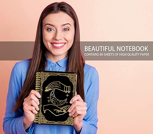 Miniatura 2 de Knibeo Cuaderno bohemio con espiral de tapa dura con forro dorado y negro de luna creciente y quiromancia de 5.5 x 8.3 pulgadas, cuaderno de rayas