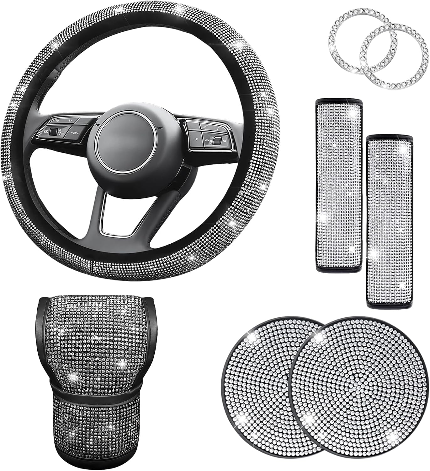 8 PCS Bling Car Accessories Set for Women, 15 Inch Steering Wheel Cover, Bling Shift Protector, Sparkly Seat Belt Covers, Car Cup Coasters, Cute Auto Interior Decor Set (Silver Diamond)