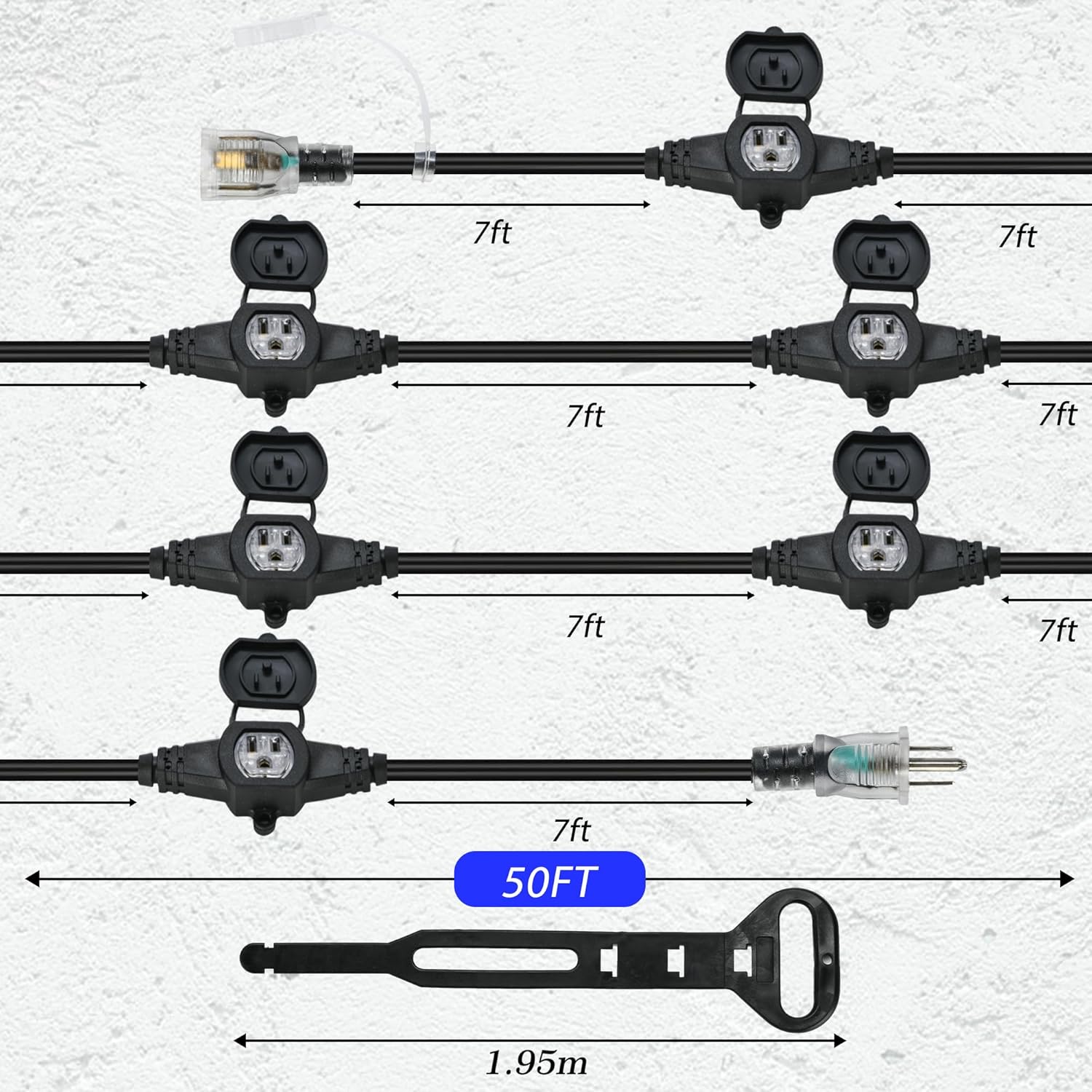 50FT 14 Gauge Heavy Duty Multi-Outlet Outdoor Extension Cord, 7 Evenly Spaced Weatherproof Outlets, LED Indicator Light,Great for Stage Backdrops, Landscape Garden Lighting, Holiday Decoration ETL