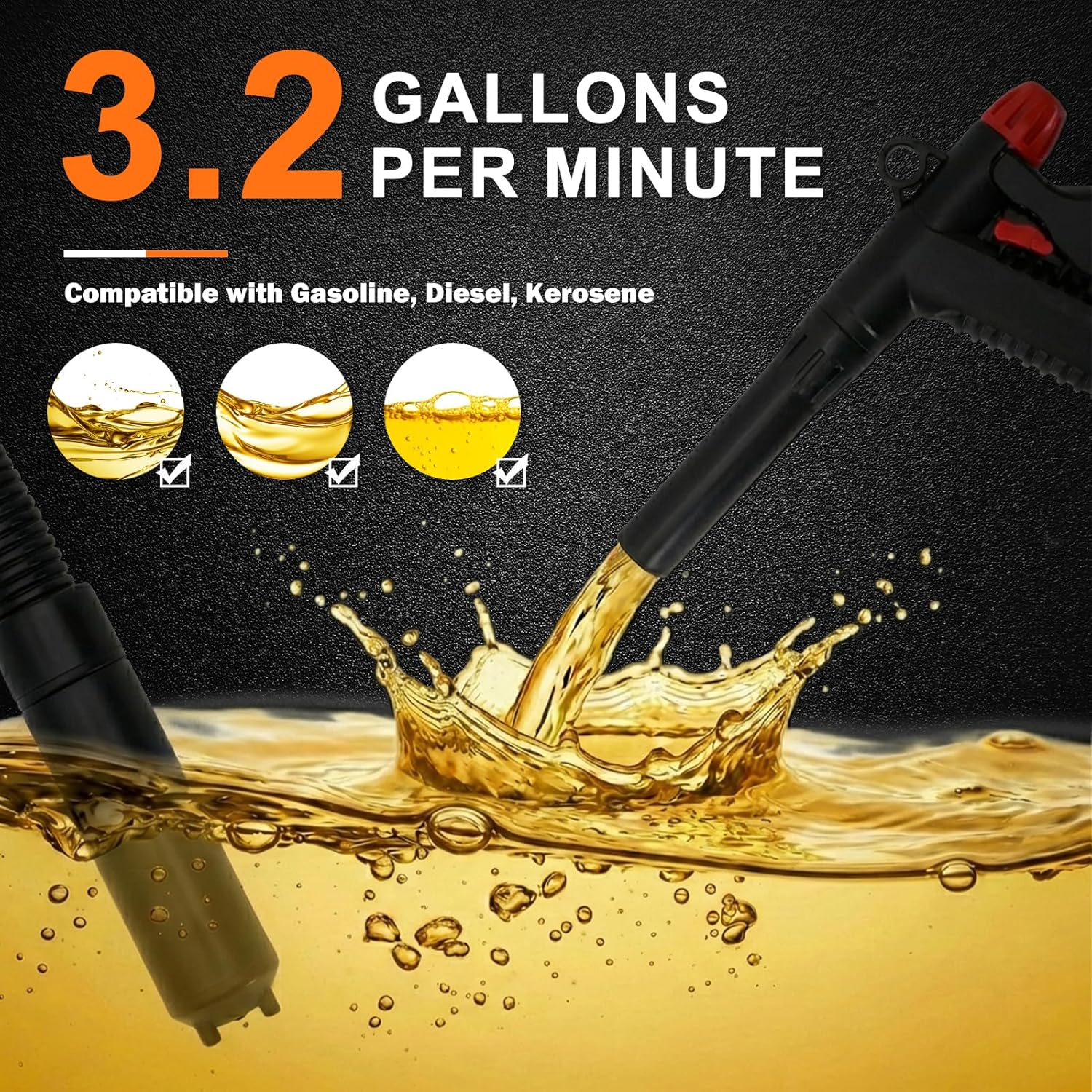 Gas Can Fuel Pump Portable - Gifts for Men, Fast 3.2 GPM Flow Rate, 51” Long Vinyl Hose, 4 Tank Adapter, for Gasoline, Kerosene, Diesel, Non-Potables black