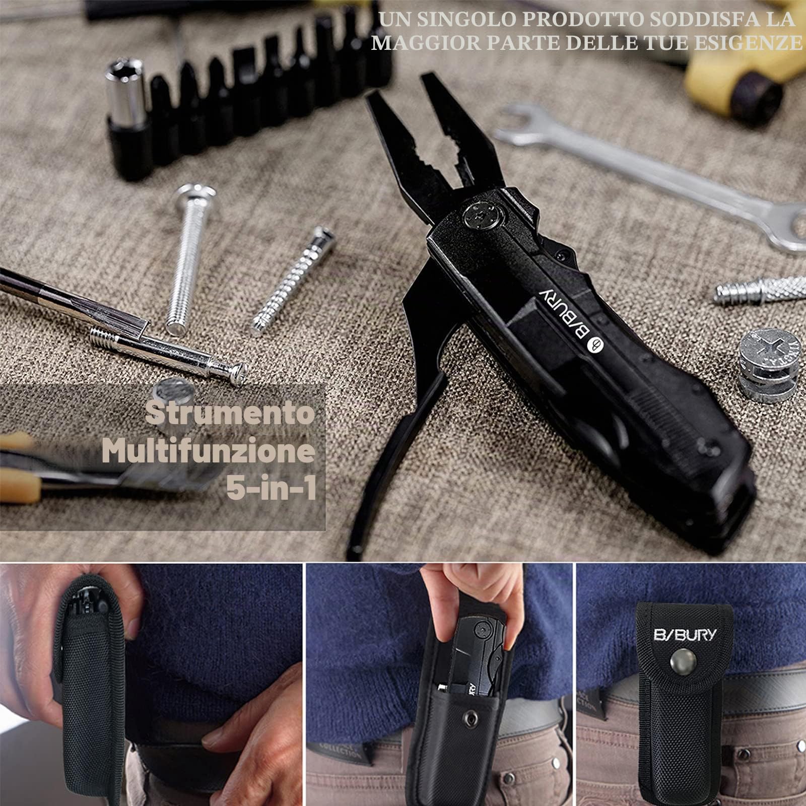 BIBURY Multitool, Coltello Multiuso, 5 in 1 Coltello Multifunzione in Acciaio Inossidabile, Pinza Multiuso con Coltello, Pinze, Cacciavite per Campeggio, Fai-da-te, Escursionismo, Caccia e Pesca