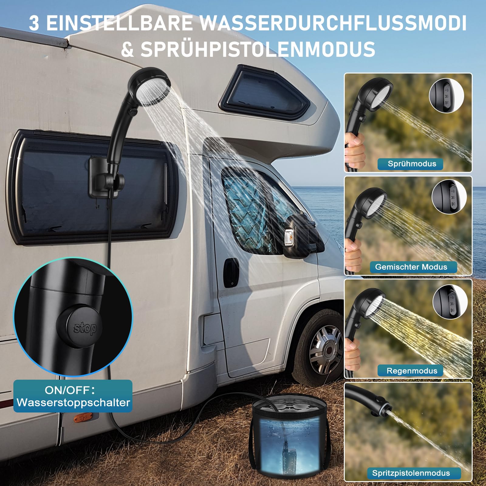 Spopal Campingdusche Tragbare, Campingdusche mit 20L Klappbarer Eimer, 6000mAh Camping Dusche Akku, Camping Dusche Outdoor Set mit Duschkopf und 2m Schlauch für Garten, Strand, Autowaschen, Haustier