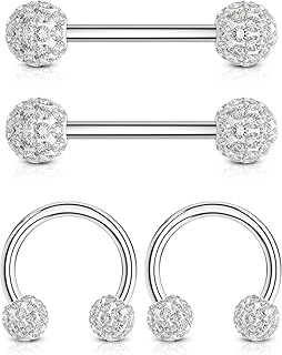 G23 Titanium Nipple Rings 14g White Black Blue Nipple Barbell Horseshoes Half Nipple Hoop Cute Small Diamond Paved Hypoallergenic Nipple Piercing