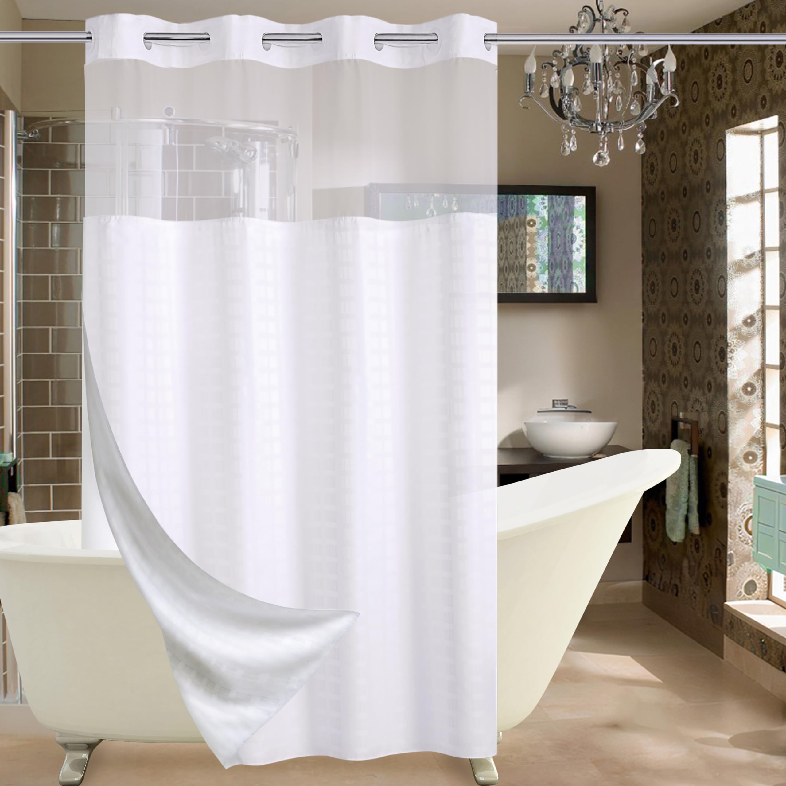 Conbo Mio Hotel Grade Fabric Shower Curtain Stall White Shower Curtain with Snap in Liner for Bathroom with See Through Top Window, Spa, Machine Washable (Check-White,54W x 74H)