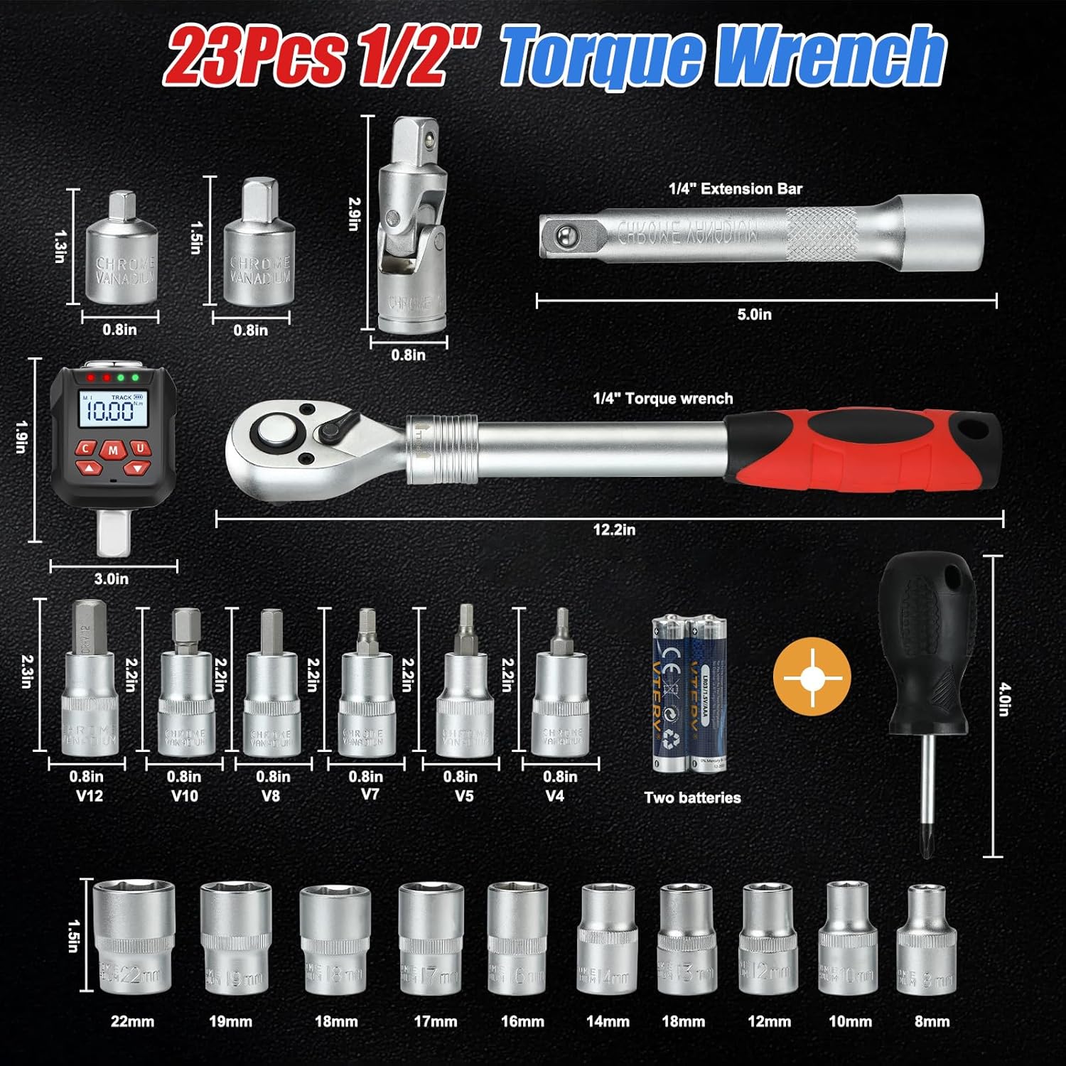 1/2" Digital Torque Adapter Set Tool: Precision Electronic Torque Tool for Automotive, Biking, Measurement Tasks or Home Repairs (12.5-250 Ft-lb/ 17-340 Nm)