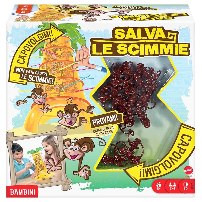 Immagine del prodotto Mattel Games - SALVA LE SCIMMIE, Gioco per Tutta la Famiglia da 2 a 4 Giocatori, Include 30 Scimmie, 30 Bastoncini Colorati e un Dado Ottimo, Giocattolo per Bambini, 5+ Anni, 52563