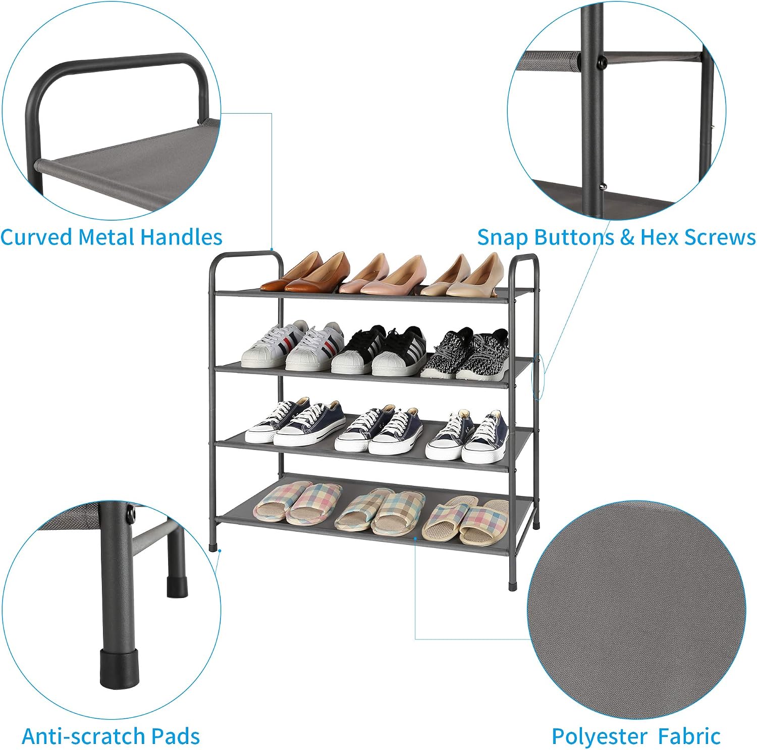 MAX Houser Shoe Rack Storage Organizer 4 Tier Free Standing Fabric Shoe Shelf Compact Shoe closet Organizer Stand Shoe Rack Shelf for 12-20 Pairs, for Entryway Closet Bedroom (Dark Grey)