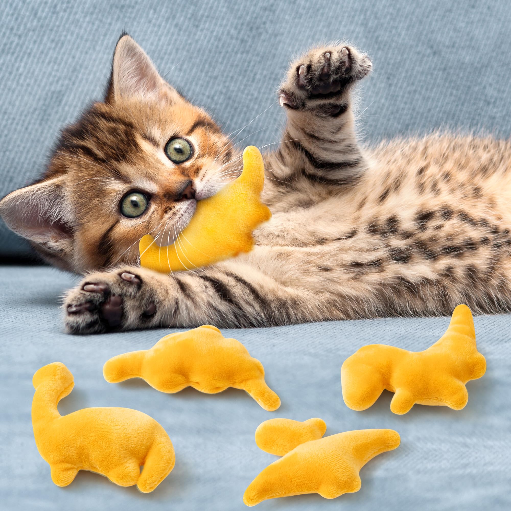 MALLMALL6 5 piezas de pepitas de dinosaurio, juguetes de hierba gatera, regalo para gatos, para interiores, para masticar, patada, dinosaurio dorado, juguetes para mascotas para amantes de los gatos,