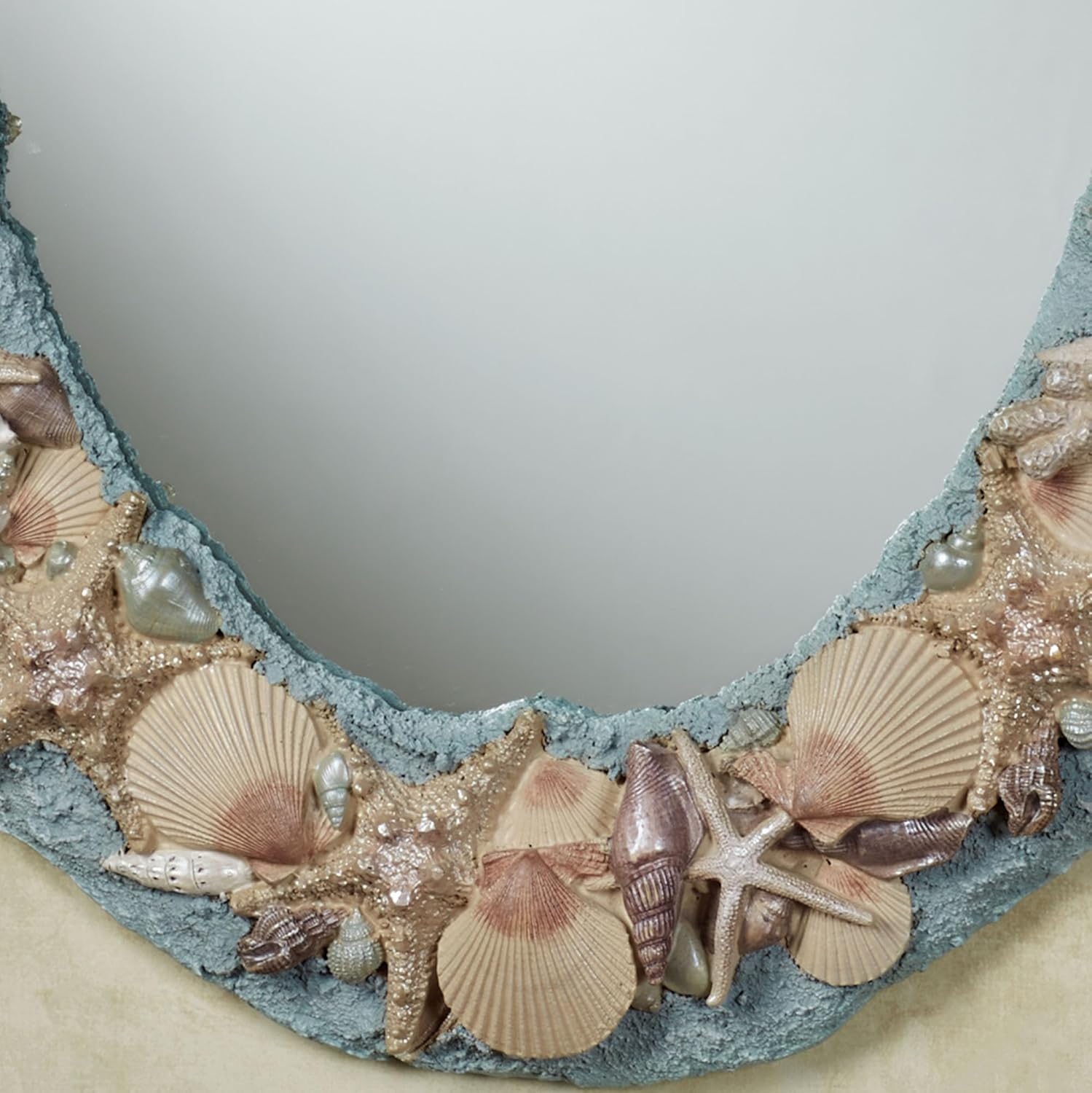 By The Sea Coastal Oval Wall Mirror | Handpainted Ocean Blue Sandy Frame with Natural-Hued Starfish, Sand Dollars, Scallop Shells & Seashells | Beach Theme Shaped Wall-Mounted Mirror with Sand Texture