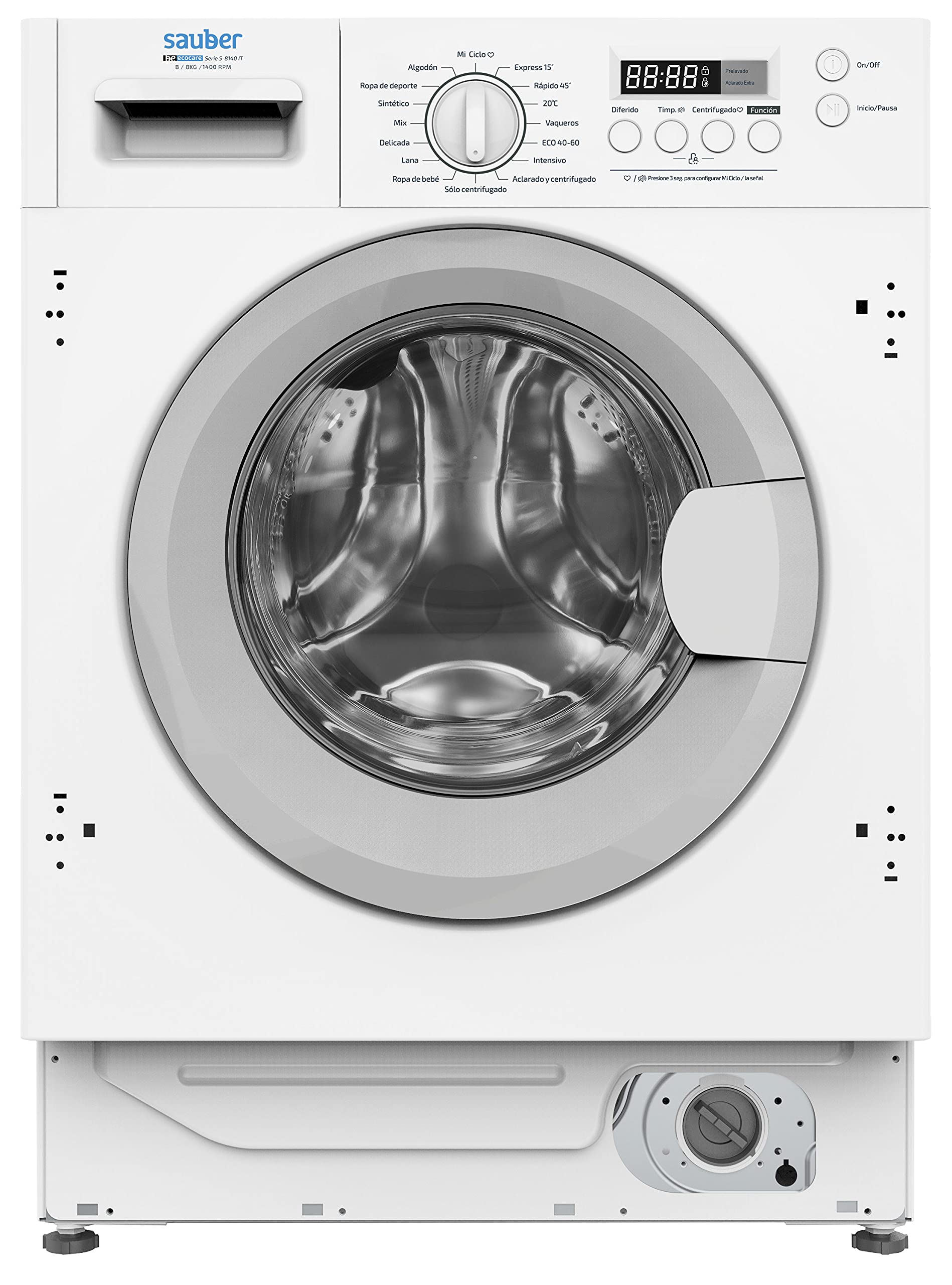 Sauber - Lavadora integrable Serie 5-8140IT - B - 1400 RPM - MOTOR INVERTER - Display LED - Lavado Rápido 15 Minutos - Tambor Diamante - INSTALACIÓN INCLUIDA EN SU DOMICILIO Y RETIRADA DE LA USADA