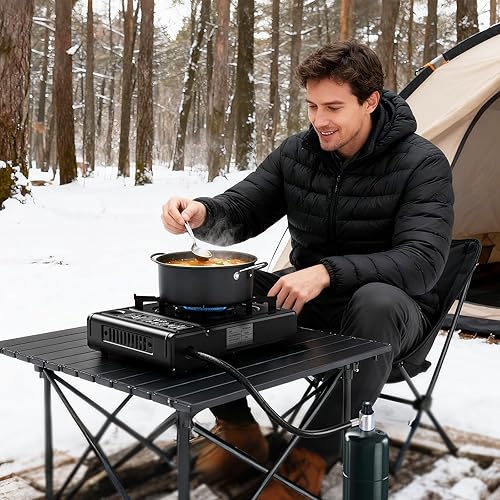 Miniatura 8 de Estufa de campamento de combustible dual de 7800 BTU, estufa portátil de butano o propano para campamento, estufa de campamento portátil ligera,