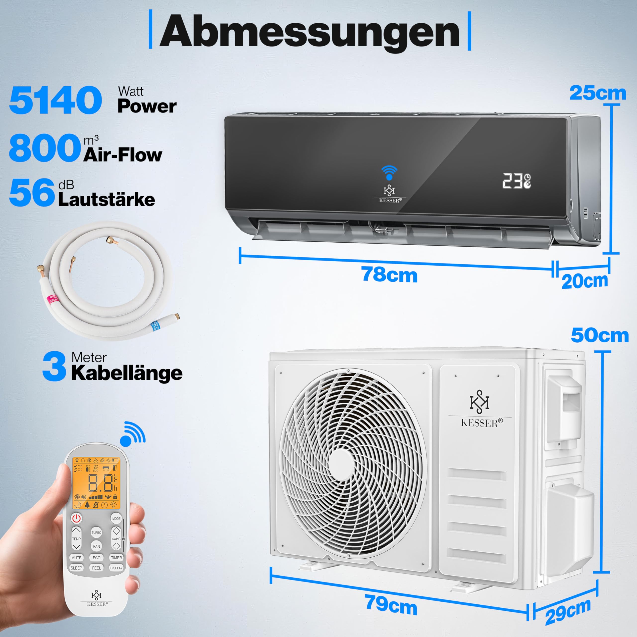KESSER Klimaanlage Split 18000 BTU/h 5300W WiFi App Kühlen Heizen A++ A+ R32 Fernbedienung Anthrazit