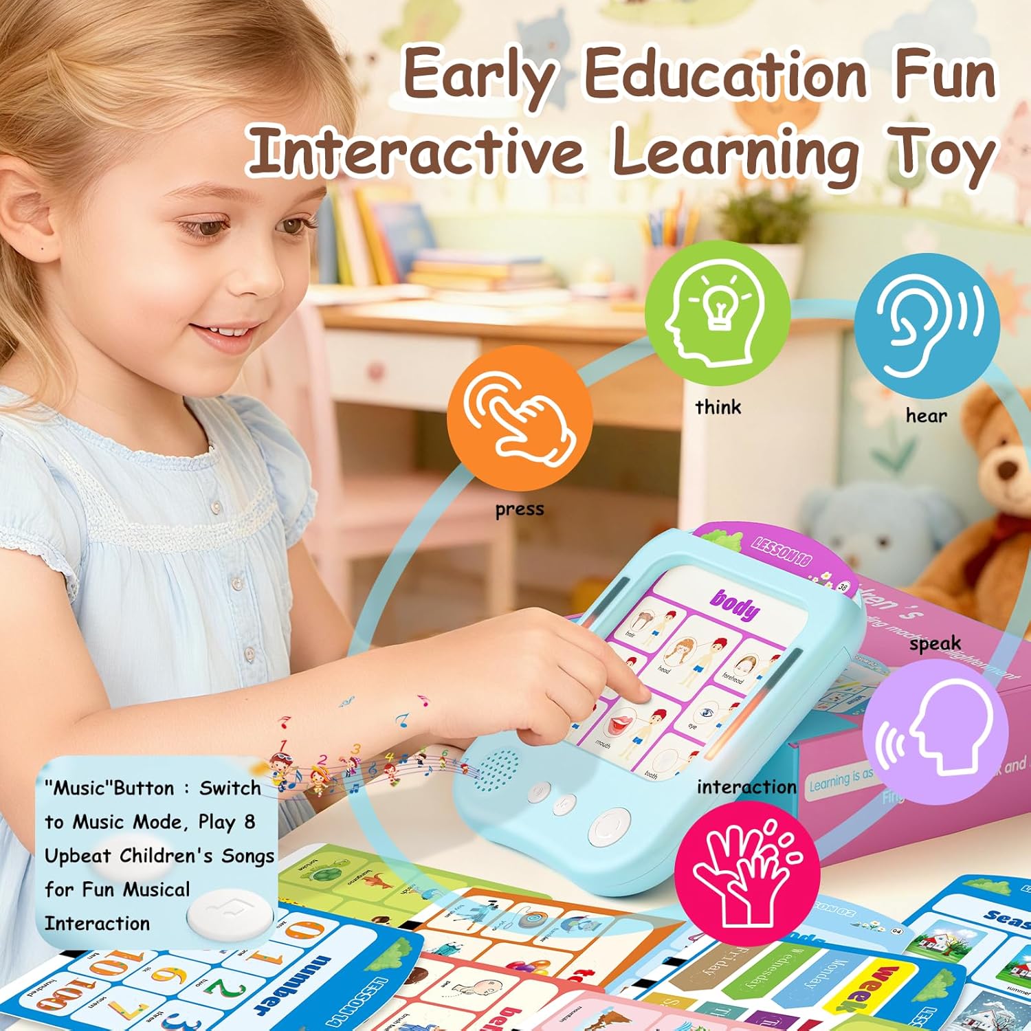 Interactive Educational Learning Tablet Toy for Kids,Screen-Free Phonics Learning Toy with 30 Flash Cards for Alphabets, Numbers, Words, Animals, Learn to Read for Boys Girls 3-5 Years Old, Blue