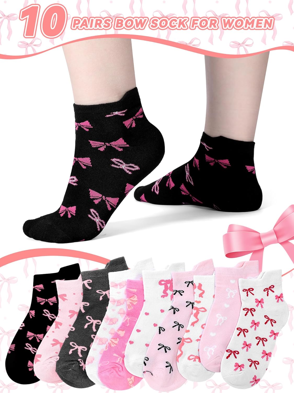 Shihanee 10 Pairs Coquette Bow Socks for Women Bulk Pink Bow Crew Cotton Socks for Birthday Valentine's Day Mom Sister Ladies Gift - Image 2