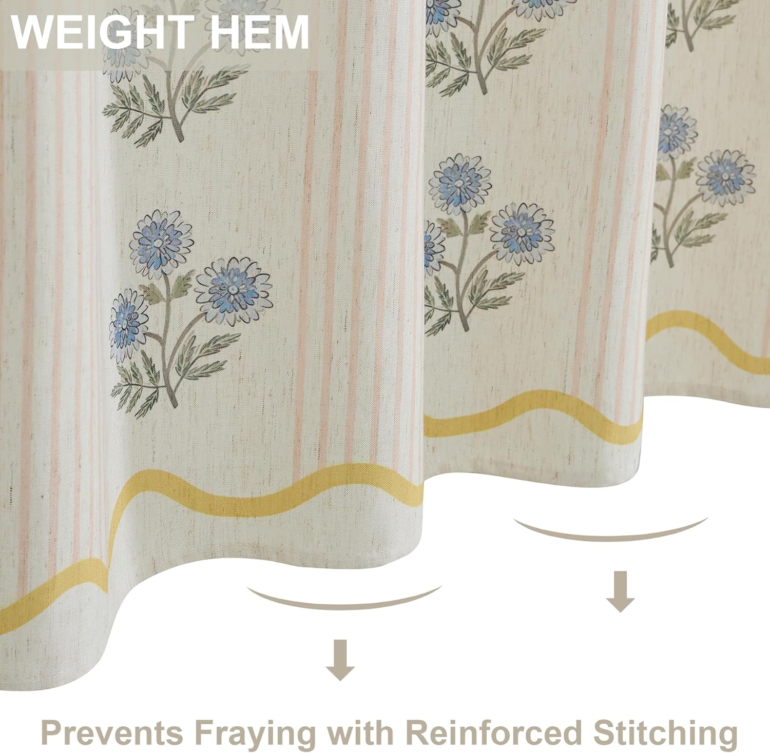 PROCIDA Vintage Shower Curtain- Blue Block Print Floral with Striped, 72x72 Inch Linen Blend Bathroom Curtain with 12 Metal Hooks, Flower Bath Curtain for Cottage Core Bathrooms.