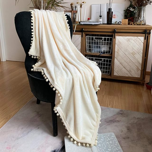 LOMAO Pom Pom Throw Blanket , Soft Fleece Pompom Fringe Blanket for Couch Bed Sofa | Decorative Cozy Plush Warm Flannel Velvet Tassel Flannel Blanket (Creamy, 130*160)