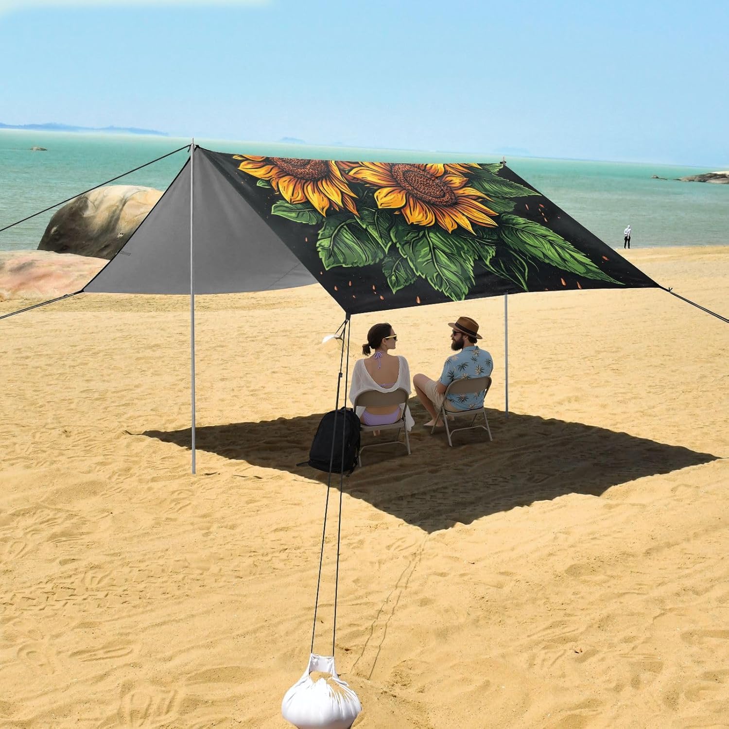 ALAZA Sunflower Bouquet Beach Tent Sun Shelter UPF50+ Protection Beach Shade Canopy w/ 4 Sandbags for Outdoor Camping, Fishing, Backyard Fun, Picnic, 10x9 ft